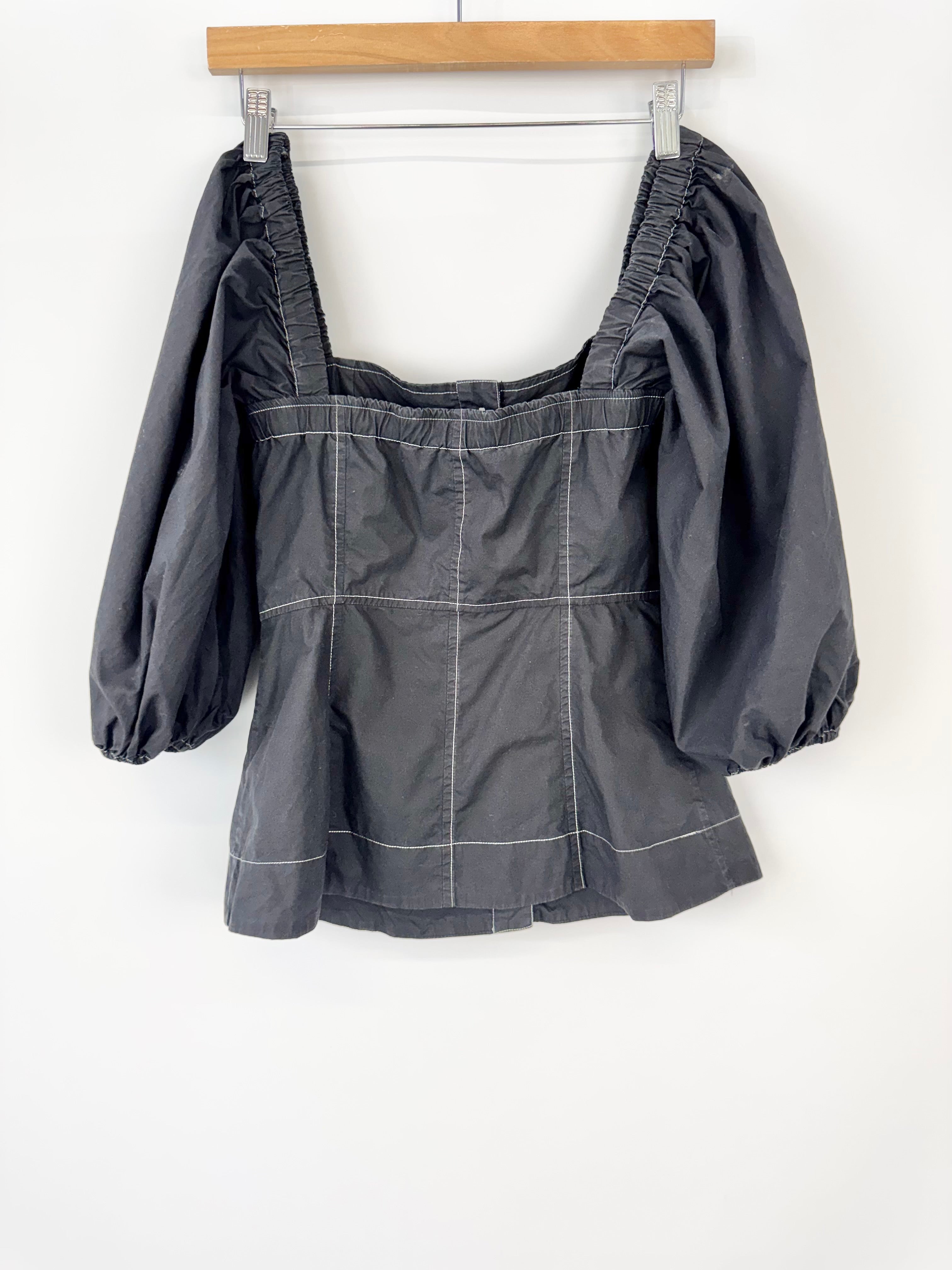 Ganni Black Cotton Poplin Button Up Puff Sleeve Blouse - AU6