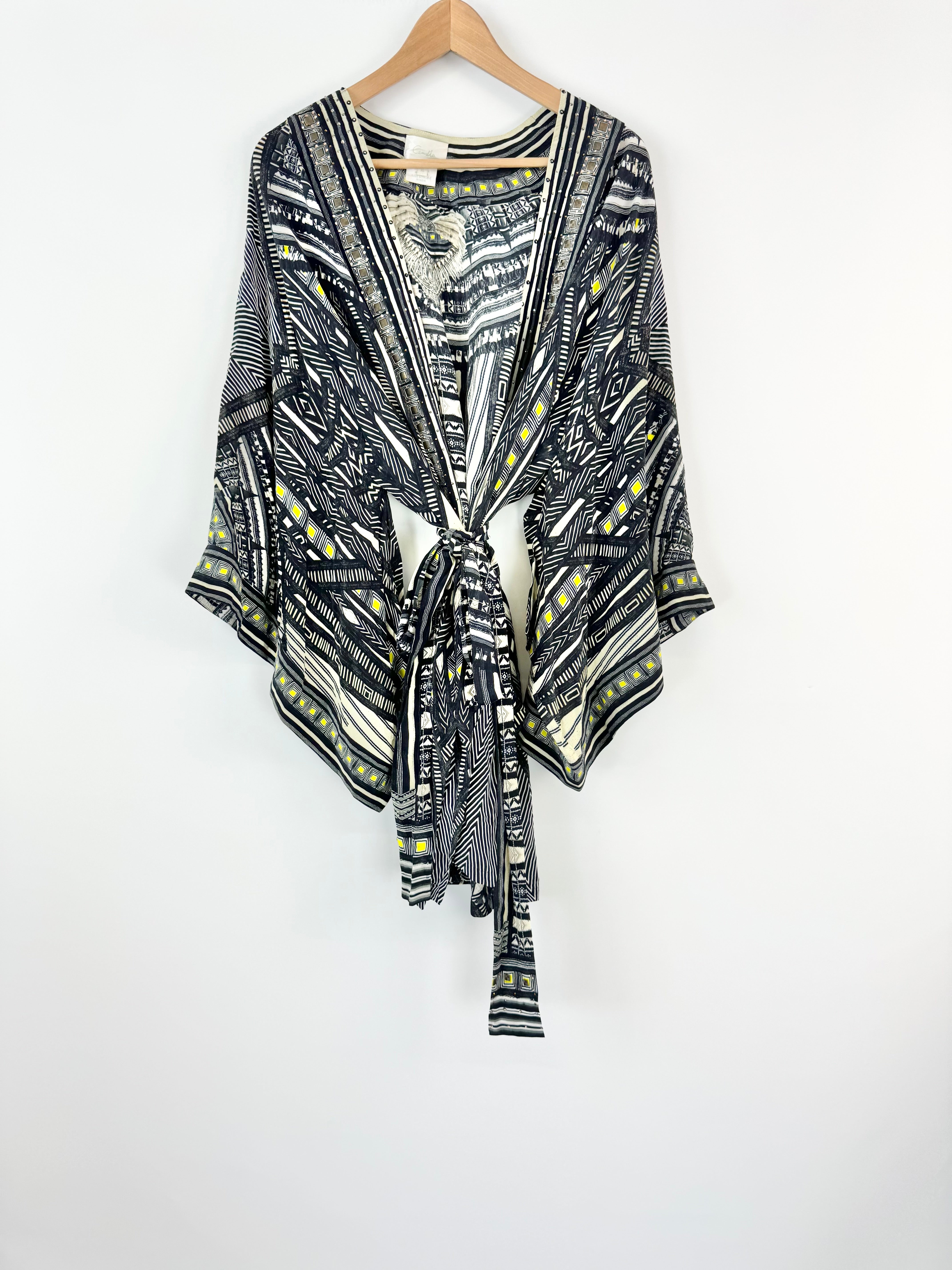 Black White & Yellow Geometric Patterned Silk Robe on a Hanger