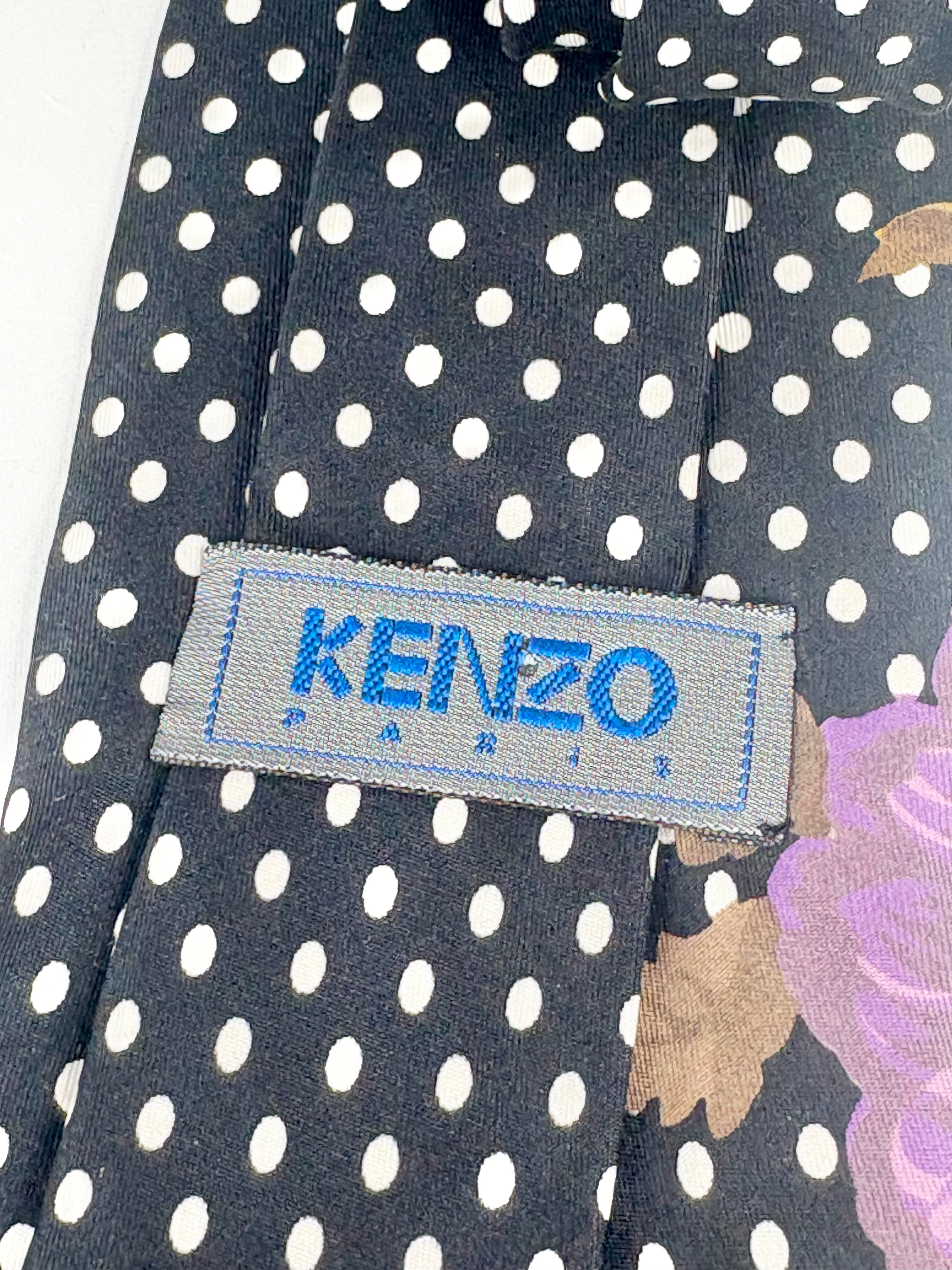 Kenzo Paris Black & White Dotted Floral Silk Tie