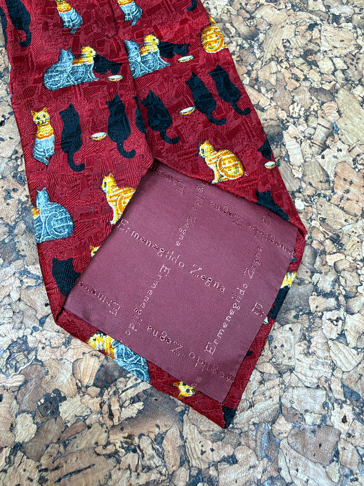 Zegna Deep Red Tabby Cat Patterned Silk Tie