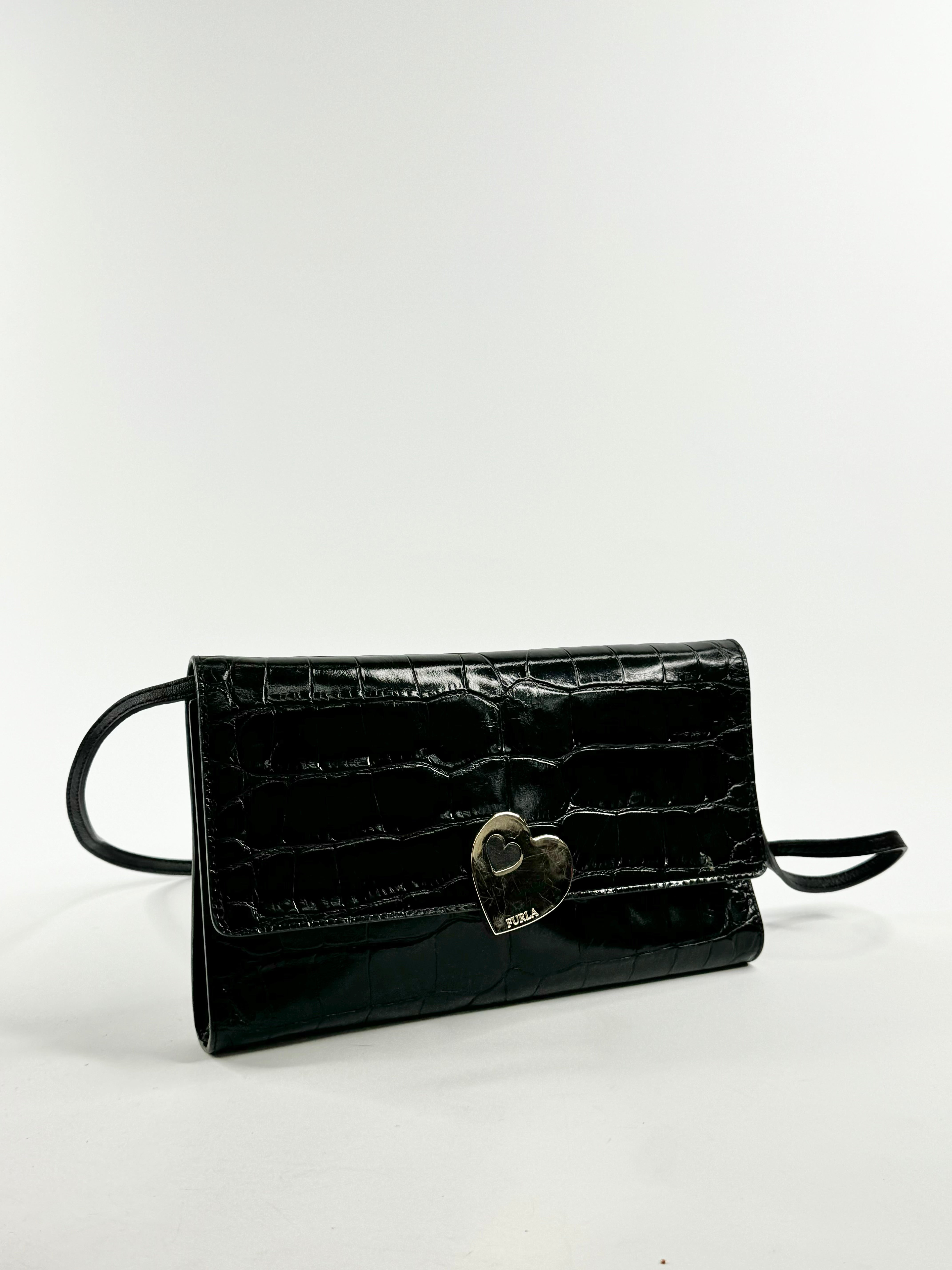 Furla Black Croc Textured Cross Body Bag