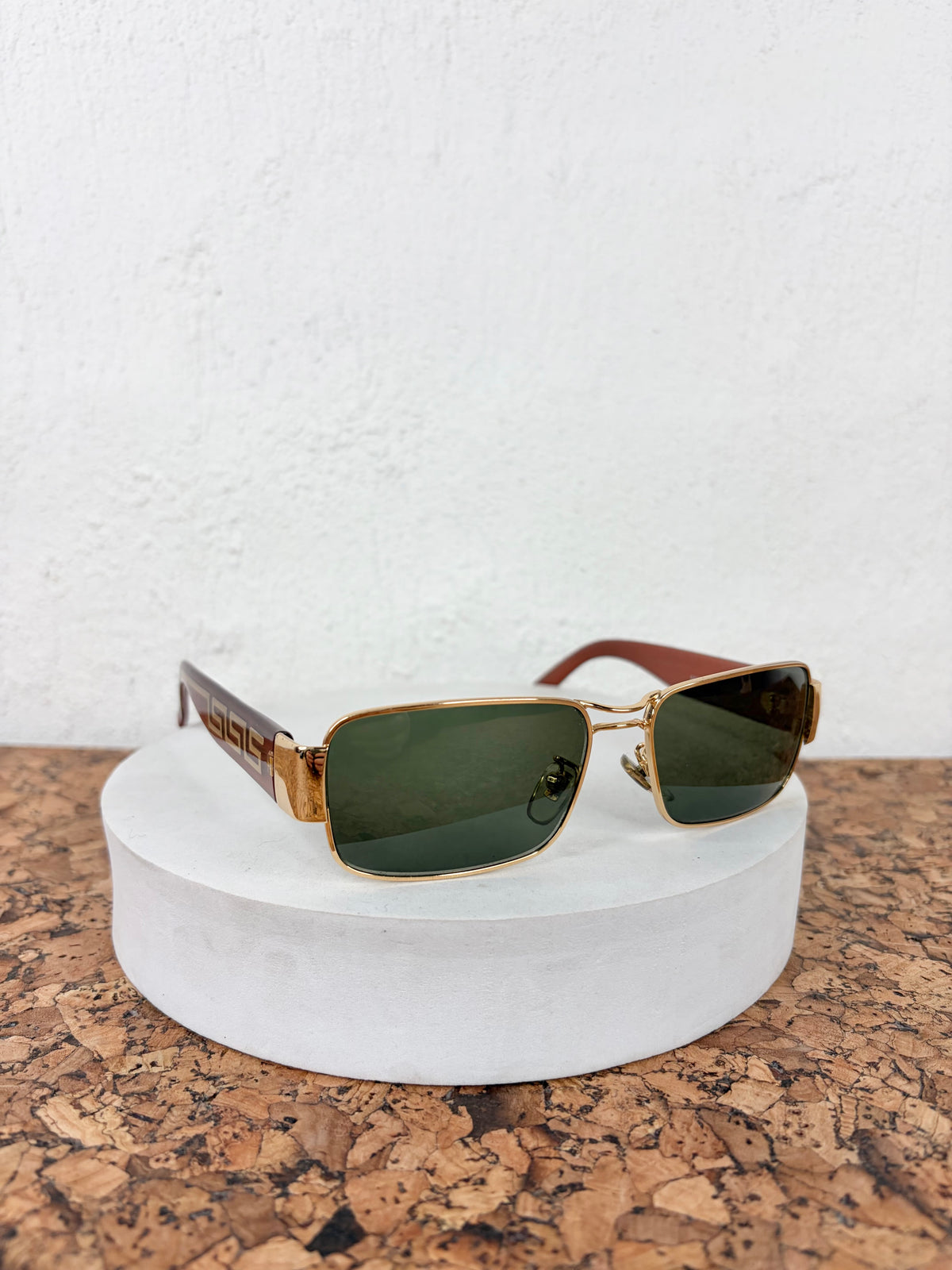 Vintage Versace Gold & Amber Meander Patterned Rectangle Square Sunglasses