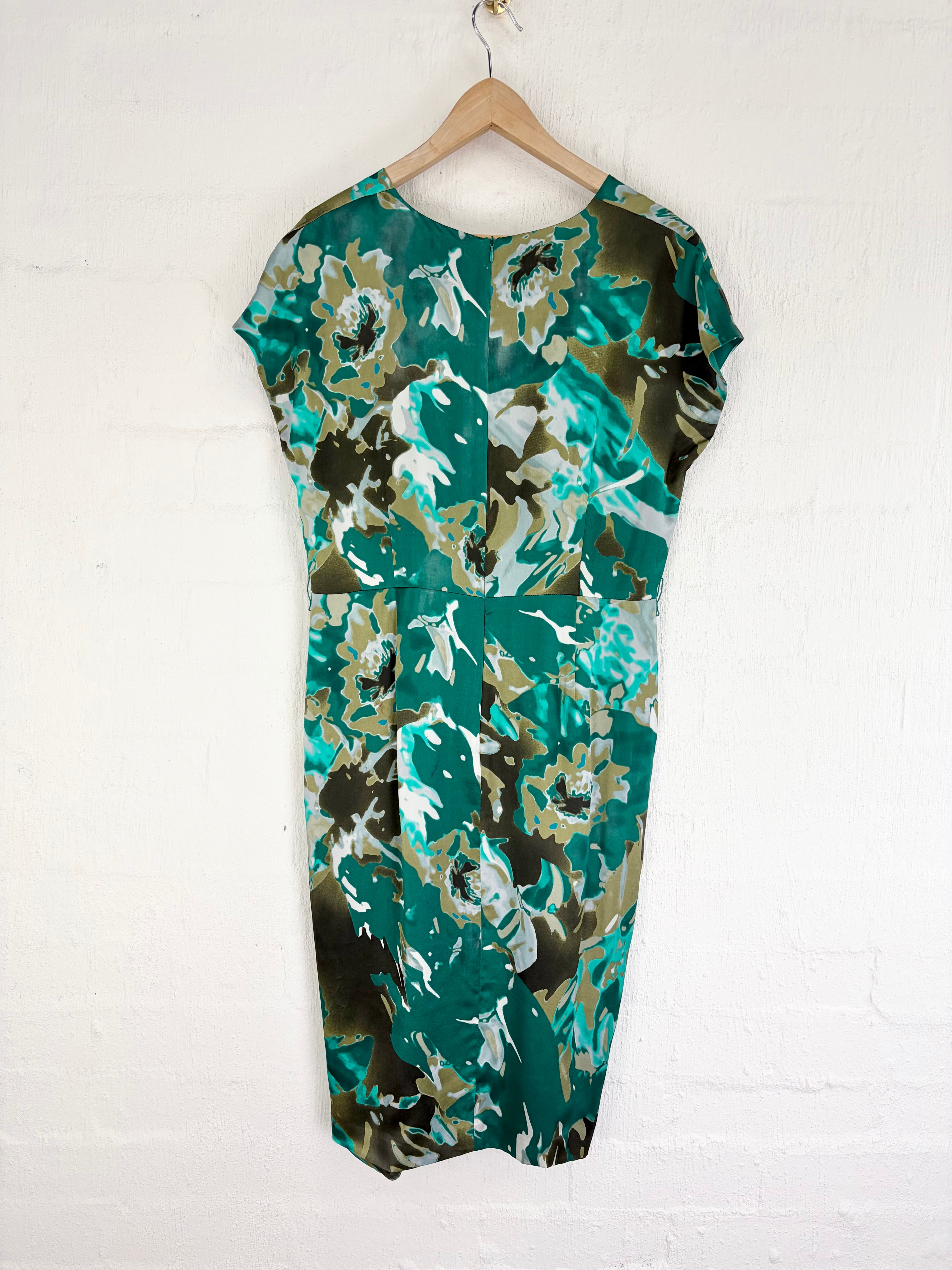 Max Mara Teal, Olive & Cream Abstract Patterned Silk Cocktail Dress - AU12
