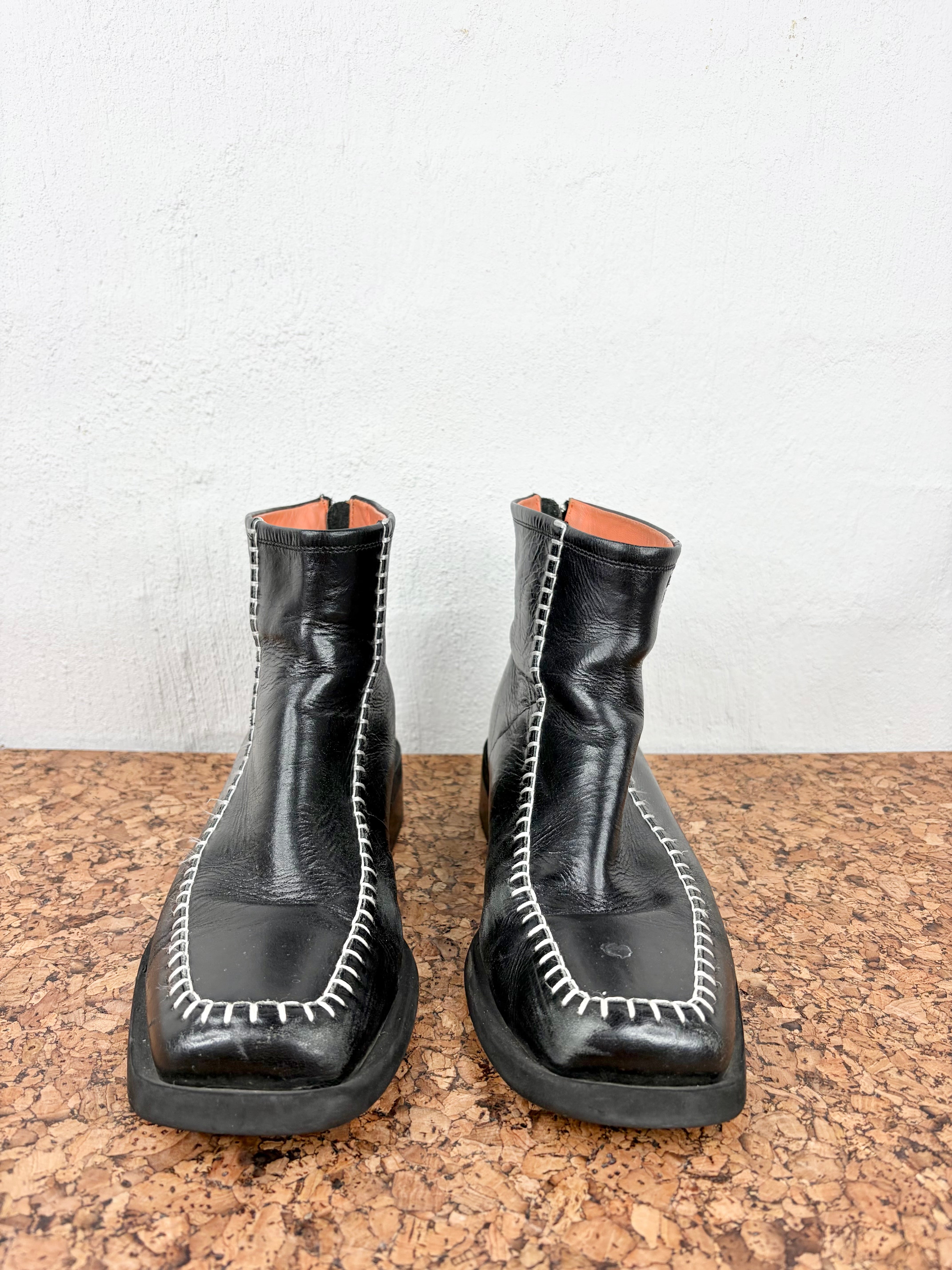 Radical Yes! Black Square Toe Boot with White Contrast Stitch - EU41