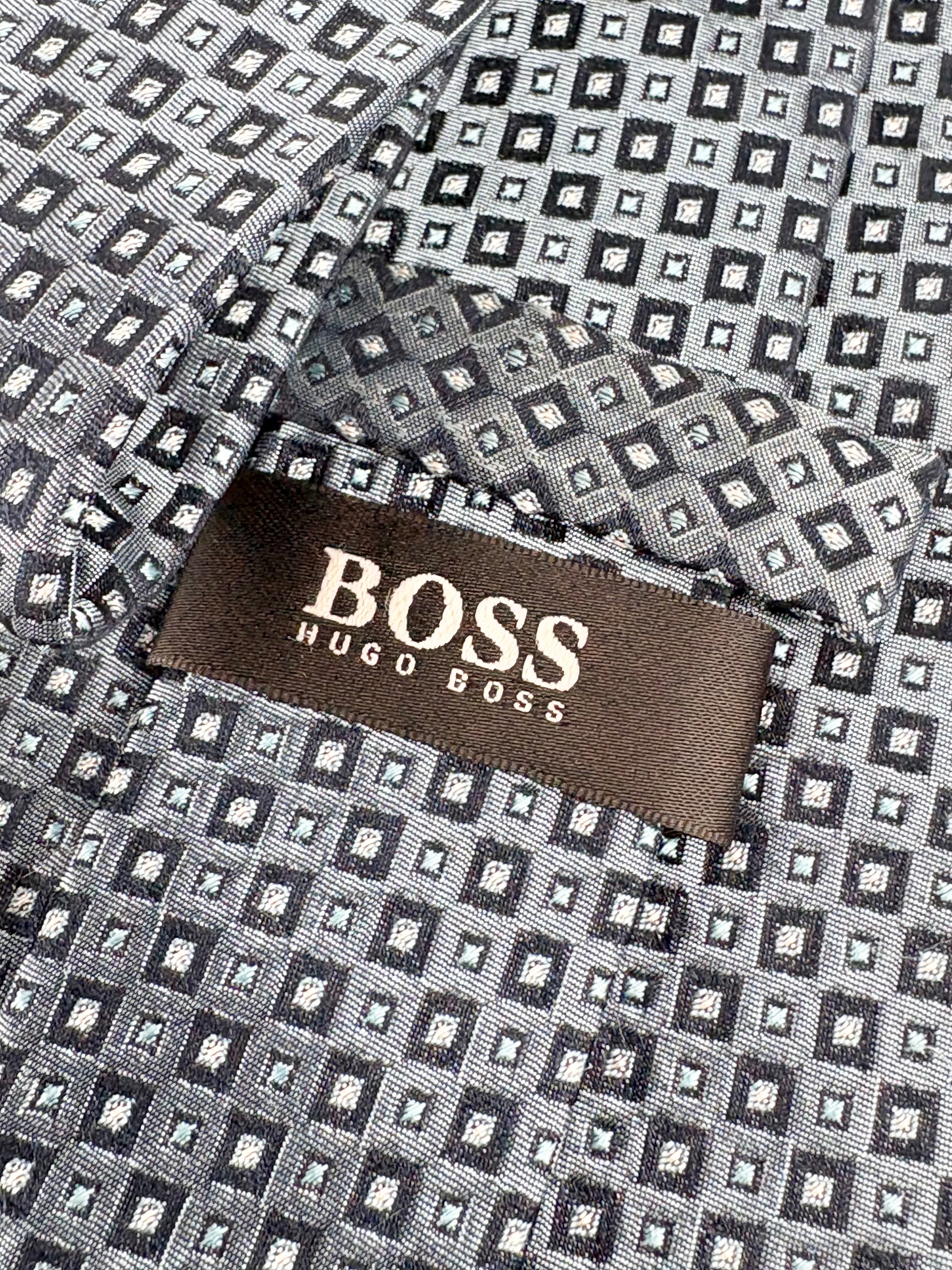 Boss Hugo Boss Steel Blue Square Patterned Silk Tie