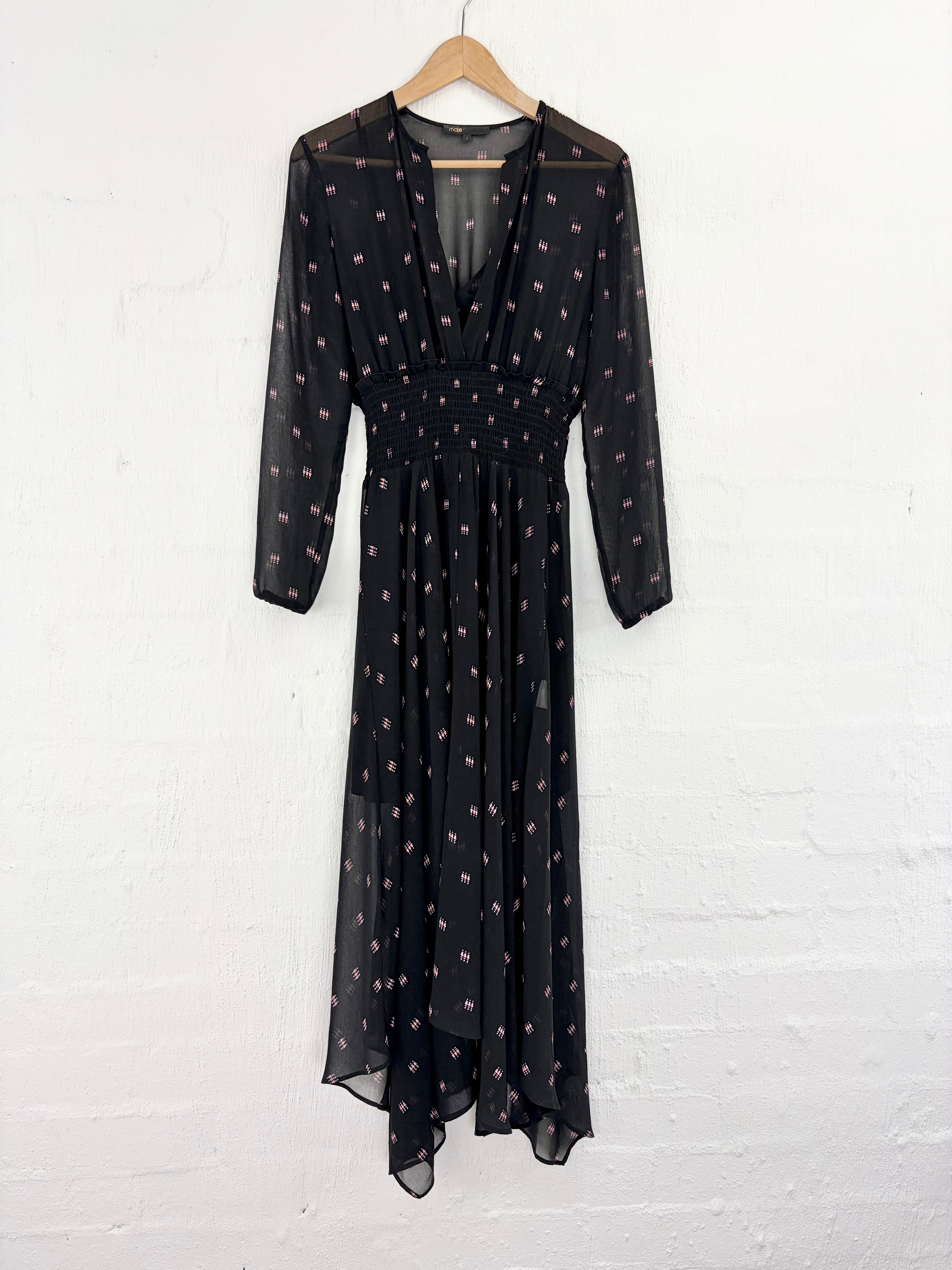Maje Sheer Blac Pink Patterned Shirred Waist Maxi Dress - AU8/10