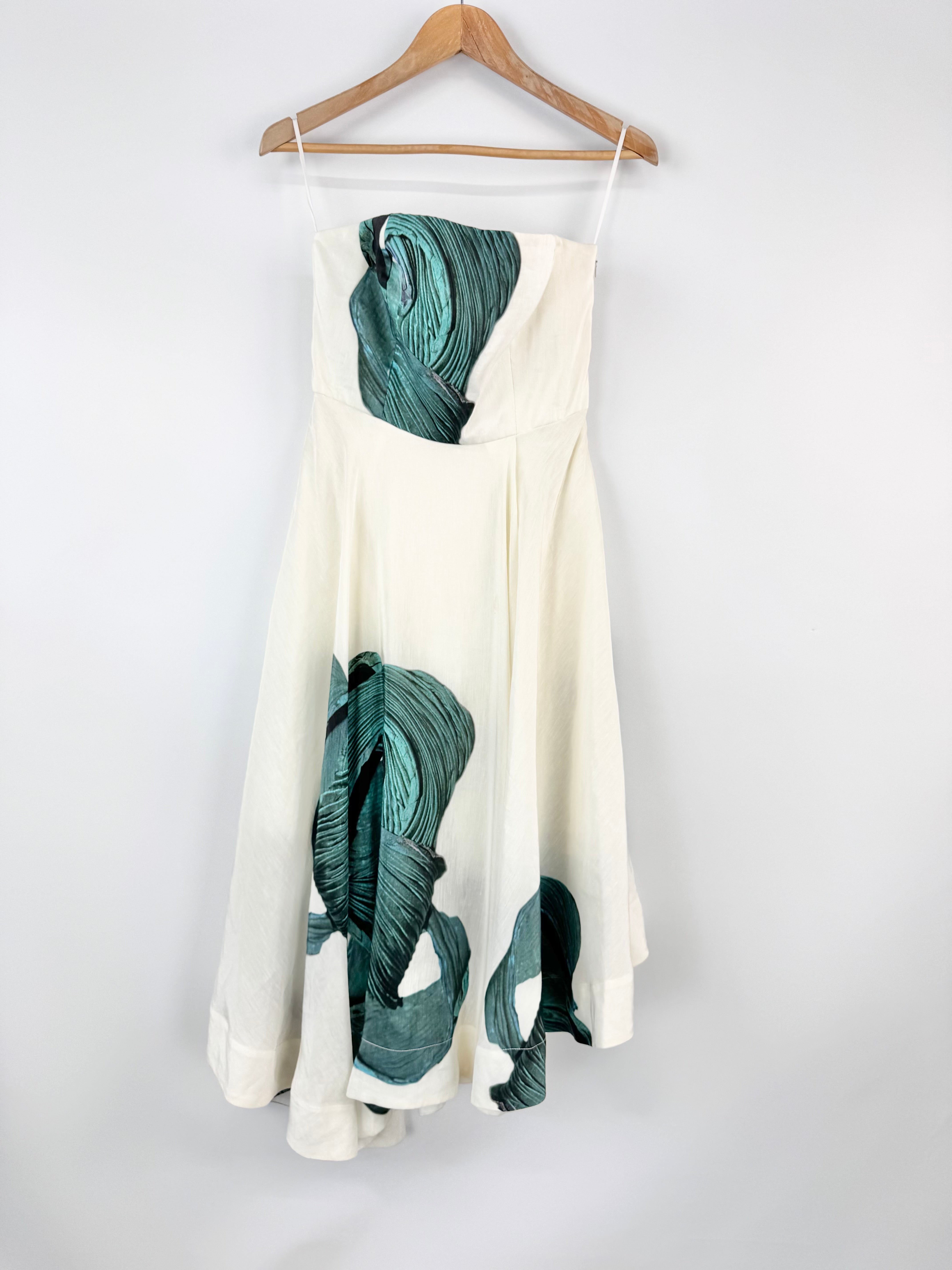 Tibi Off White and Holographic Teal Patterned Strapless Dress - AU6