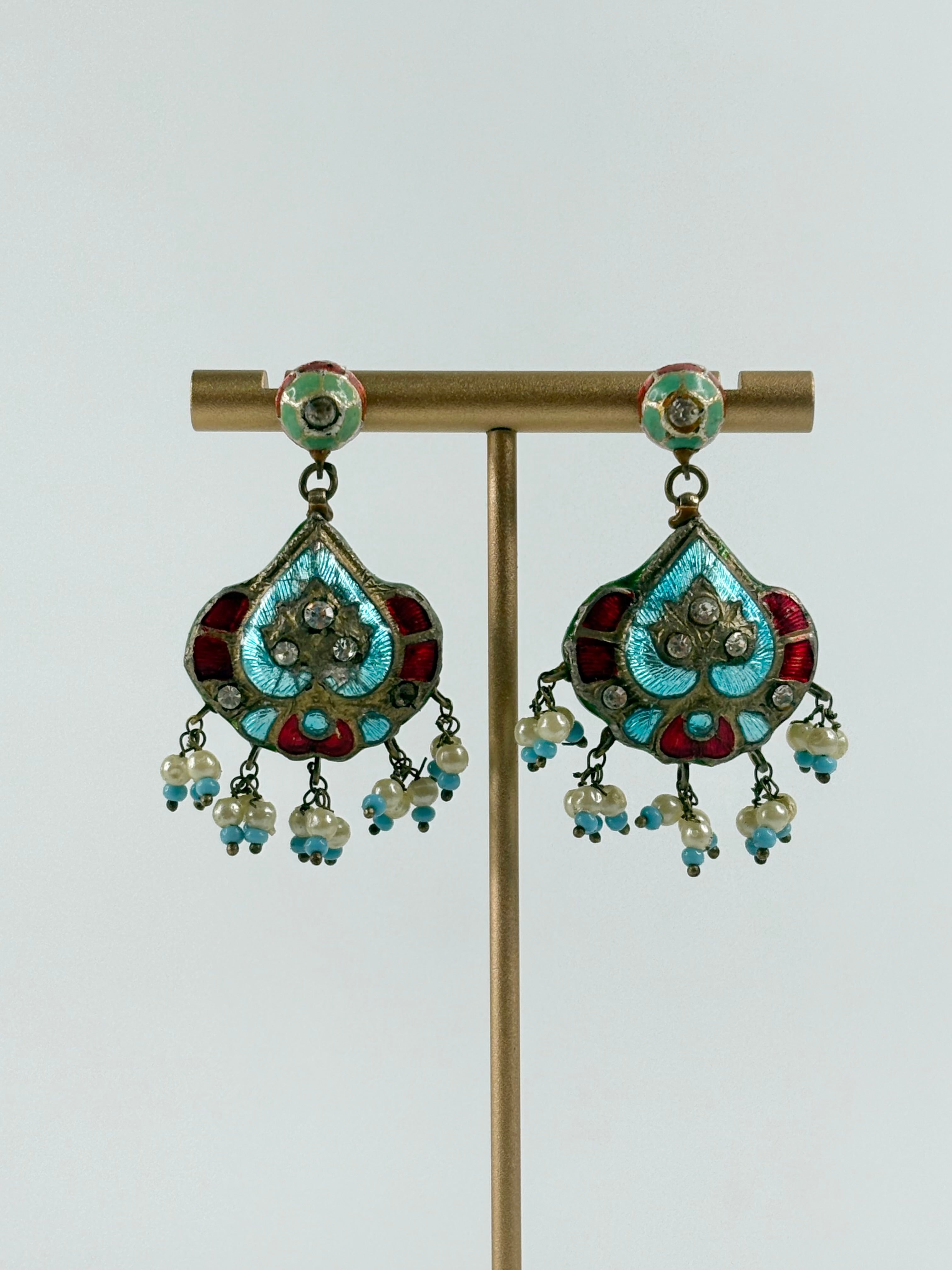 Vintage 70s Desi Style Double-Sided Faux Pearl & Rhinestone Earrings