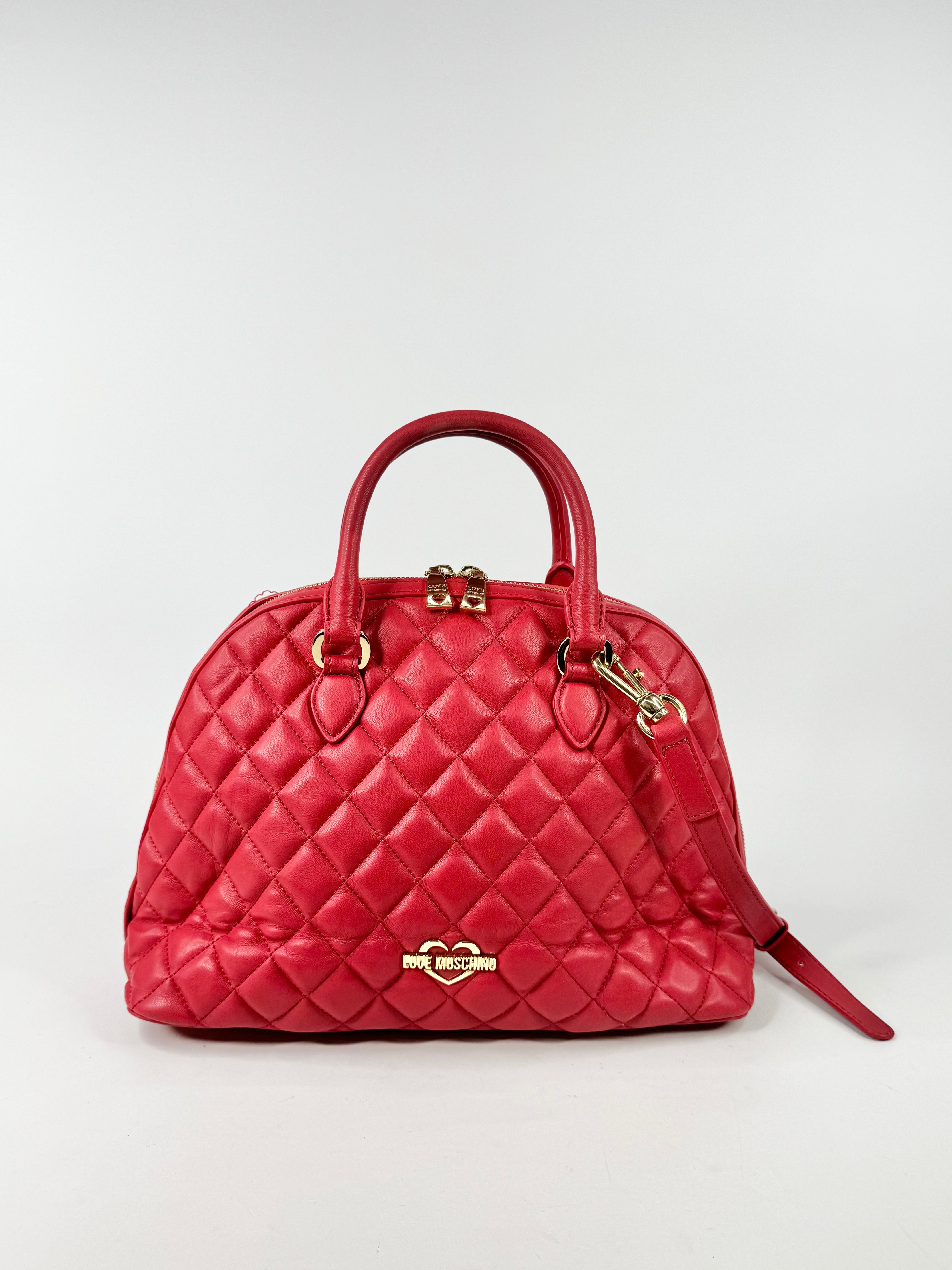 Love Moschino Strawberry Red Quilted Bowling Bag