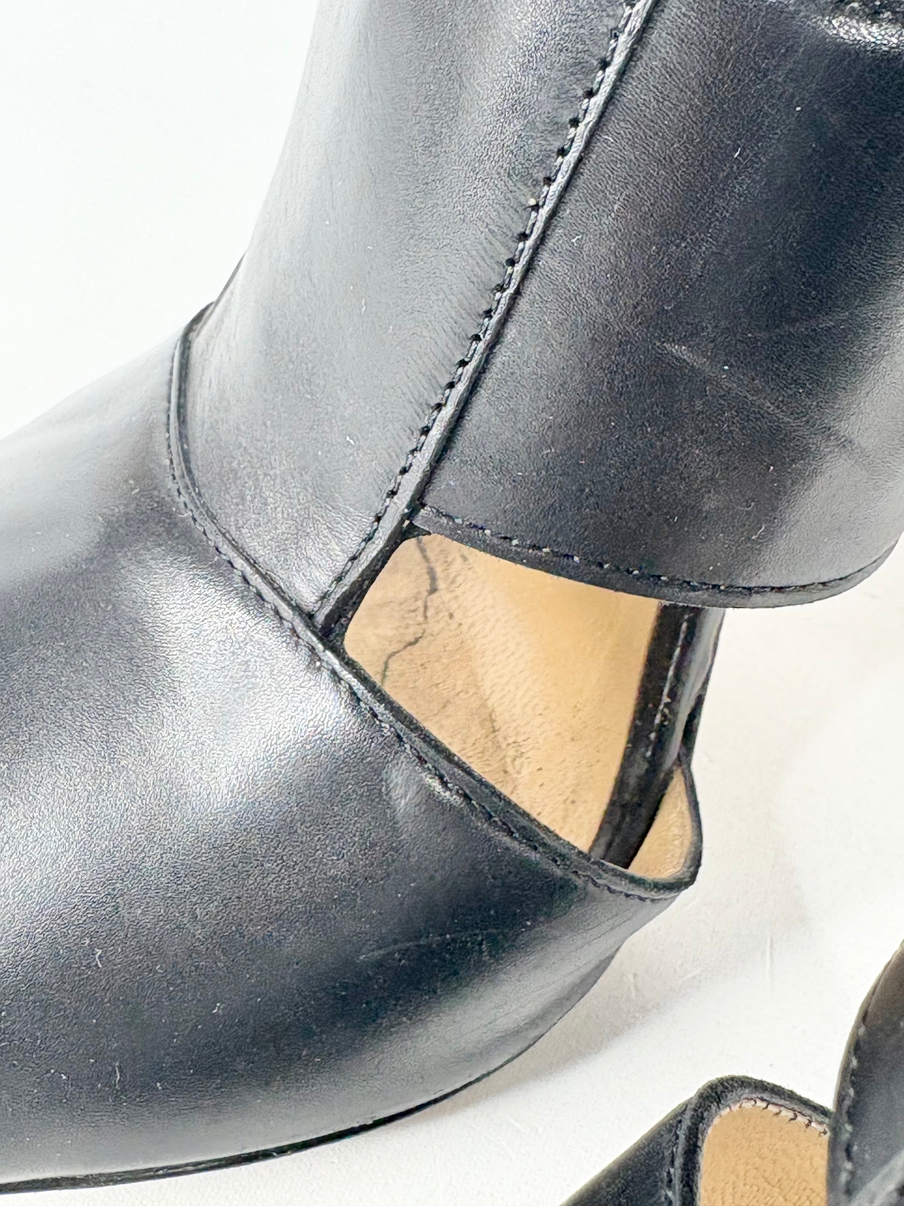Bianca Buccheri Smooth Black Leather Open-Toe Ankle Boots - EU40