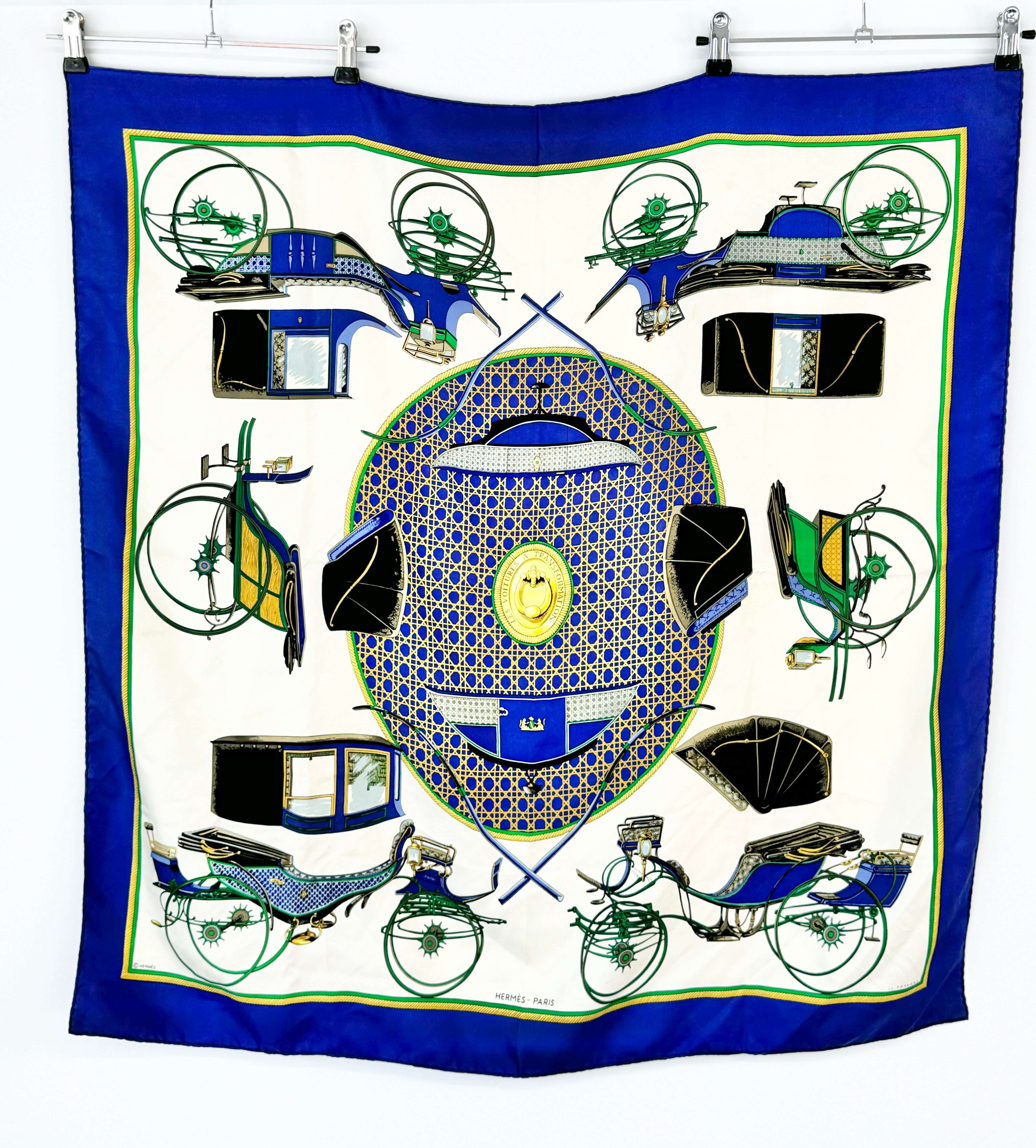 Hermès Scarf Carré ‘les voitures à transformation’ Blue Silk Scarf