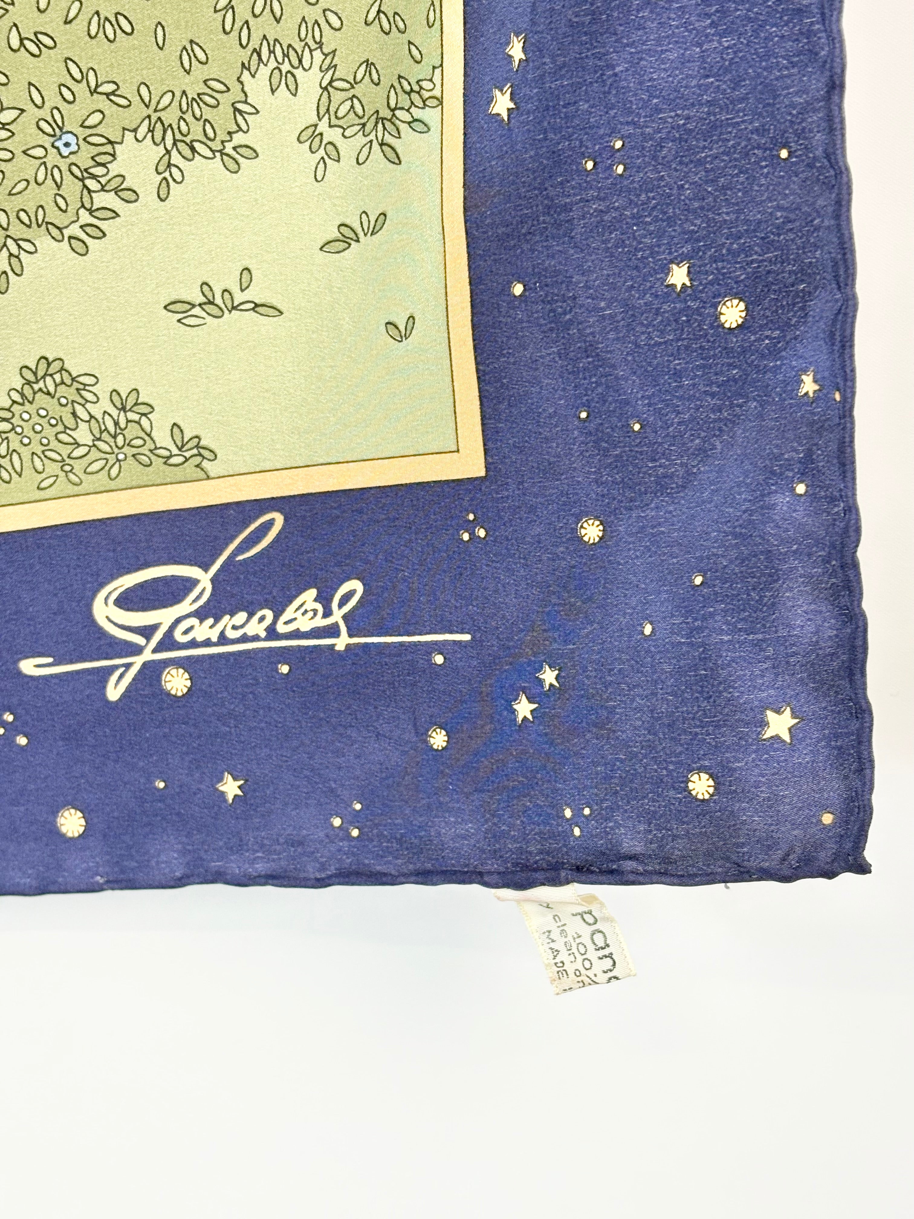 Pancaldi Vintage Blue Village Scene Silk Scarf