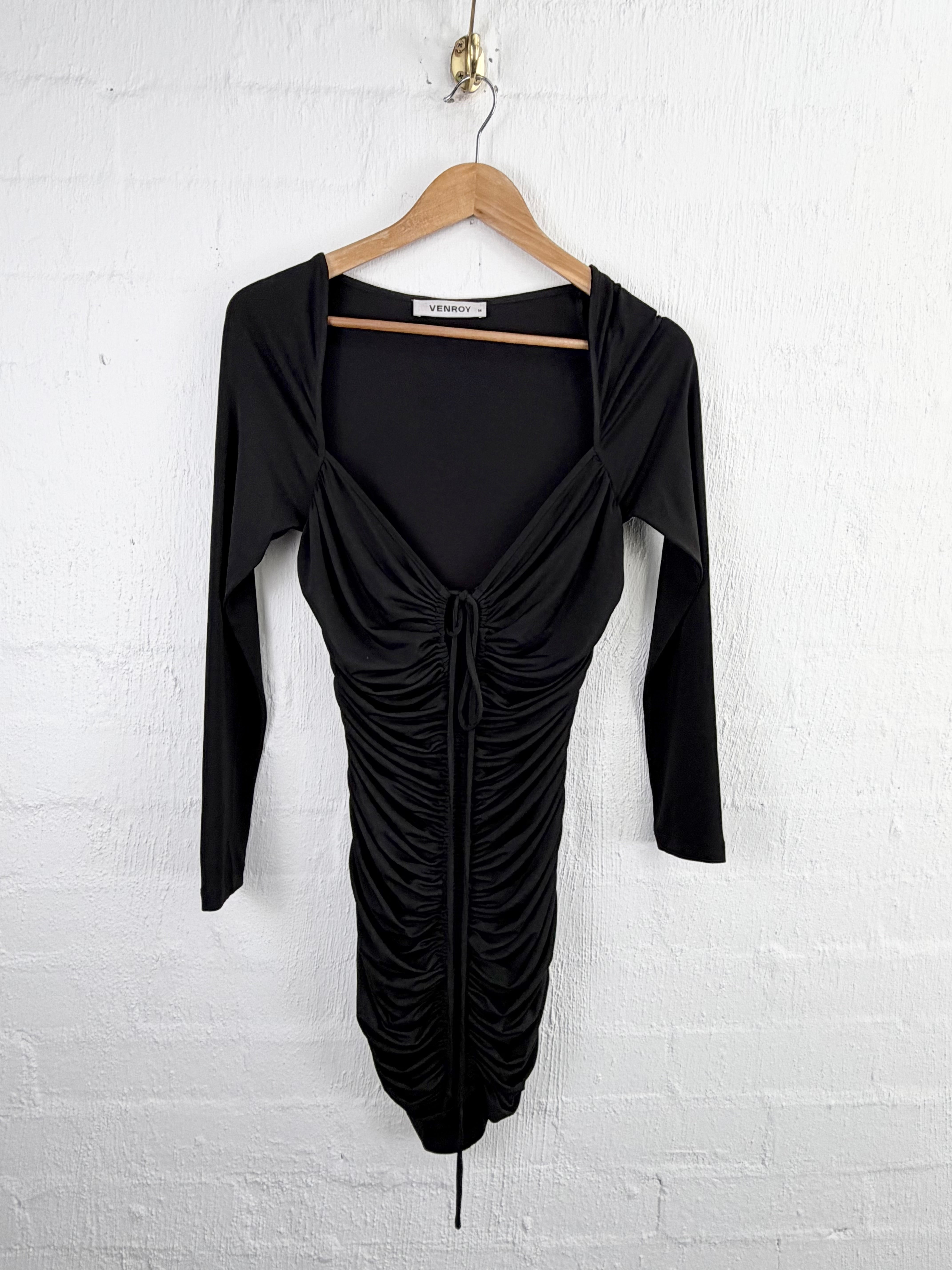 Venroy Black Ruched Drawstring Bodycon Dress - AU10/12