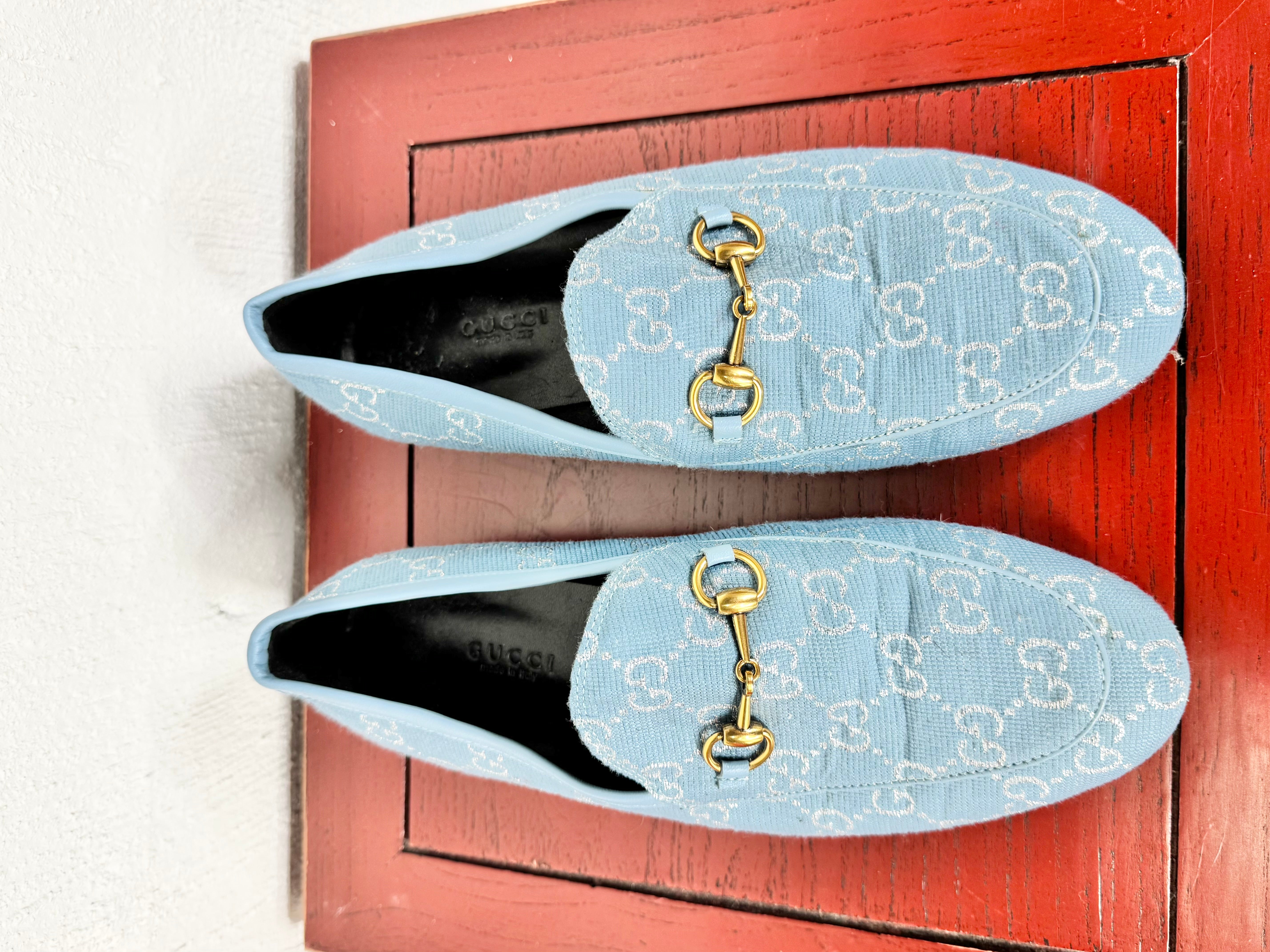Gucci Blue & Silver Lame GG Jordaan Loafers - EU38
