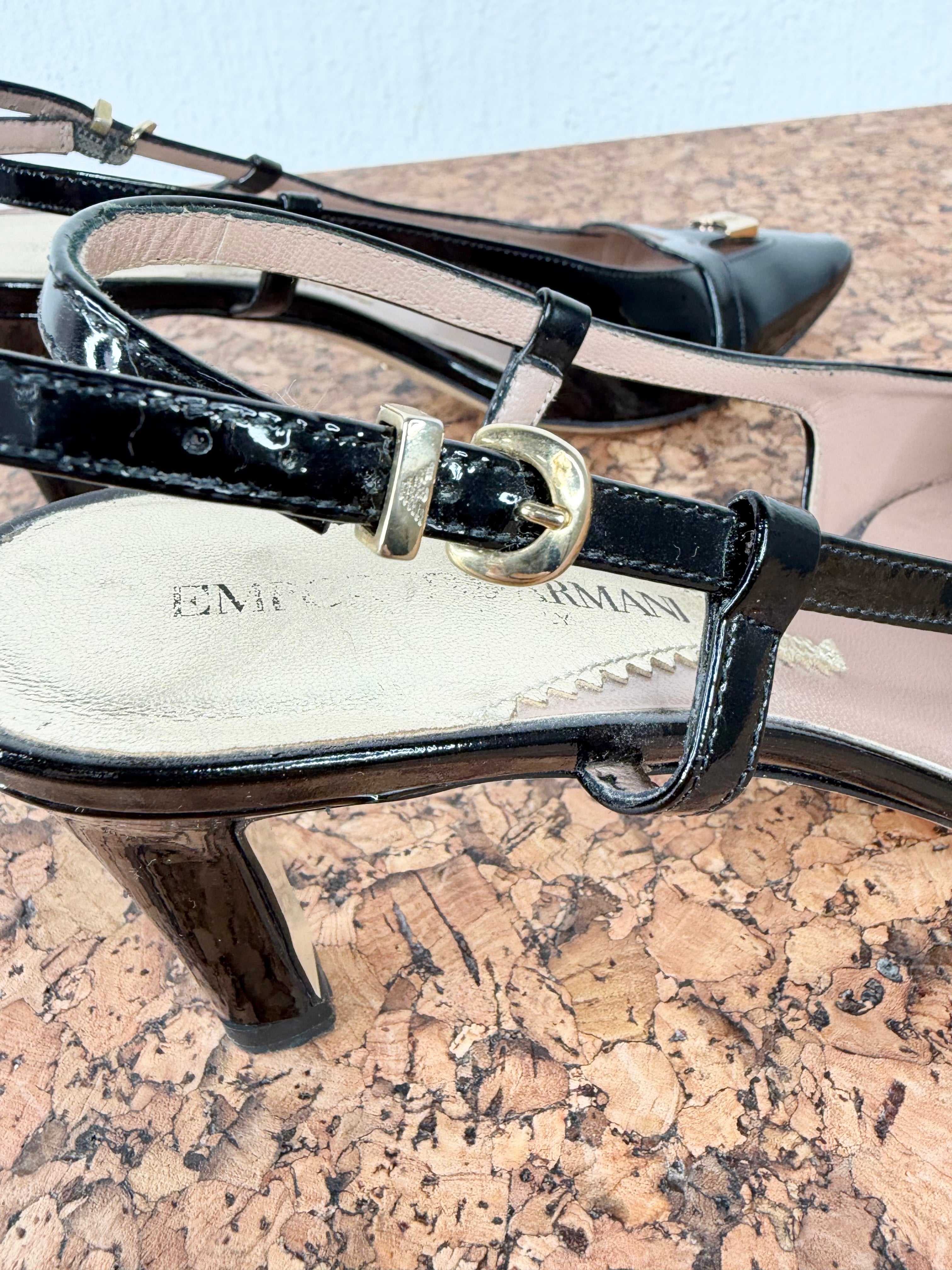 Giorgio Armani Black Patent Leather Pointed Toe Kitten Heels - EU37.5