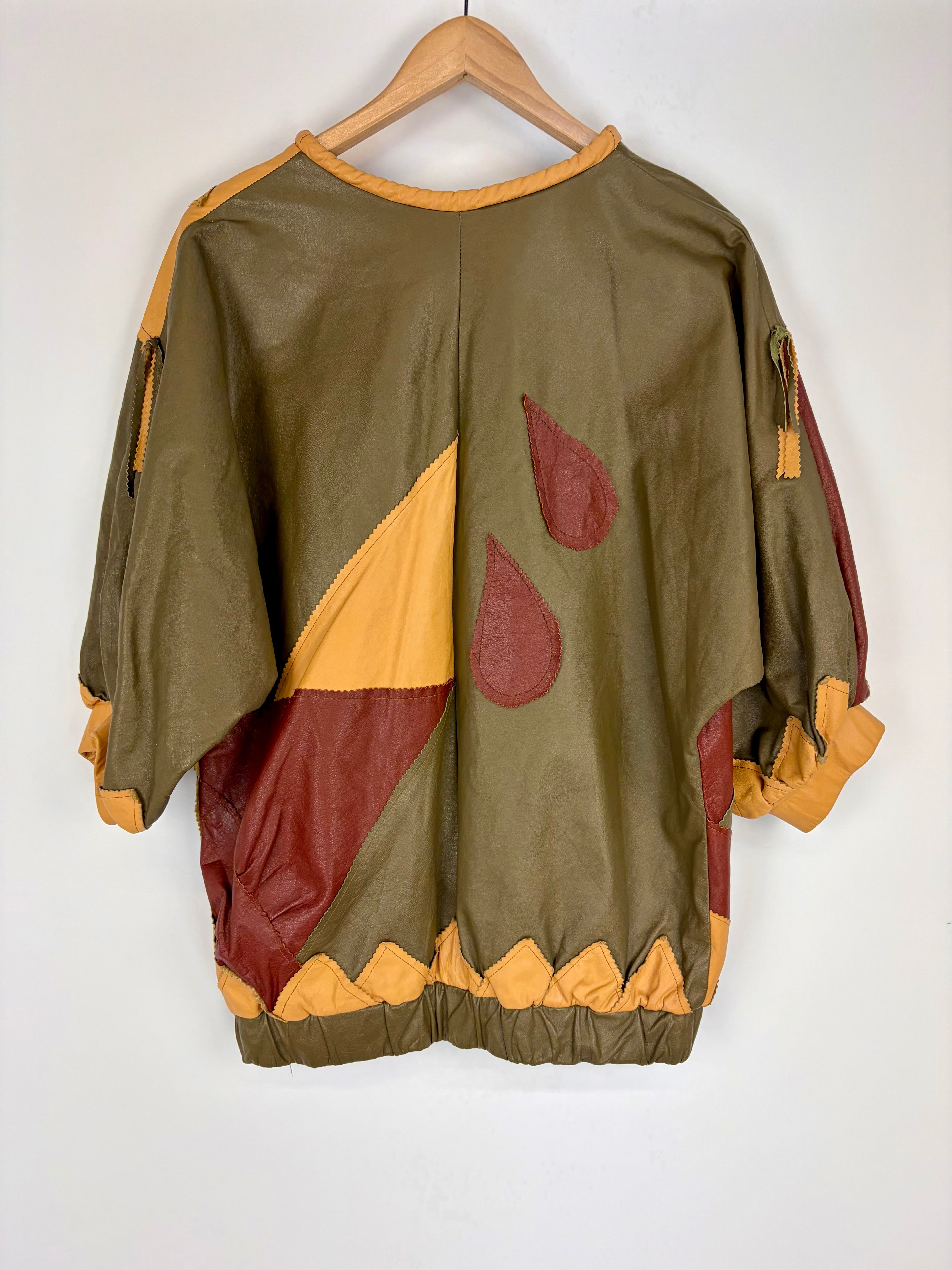 Vintage 80s Clock Work Oak, Oxblood & Cream Leather Patchwork Blouse - AU10