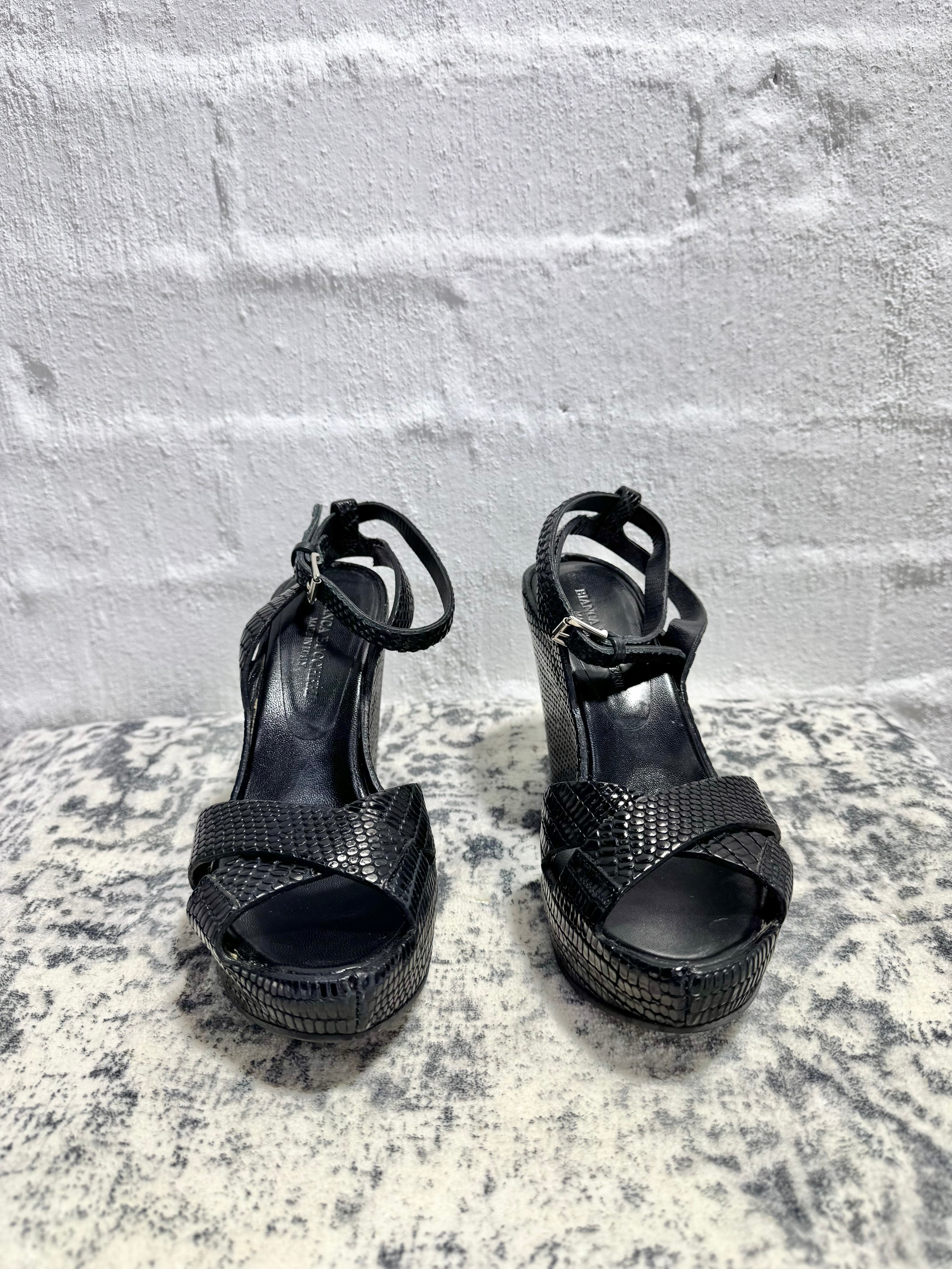 Bianca Buccheri Black Reptile Embossed Peep Toe Wedges - EU37