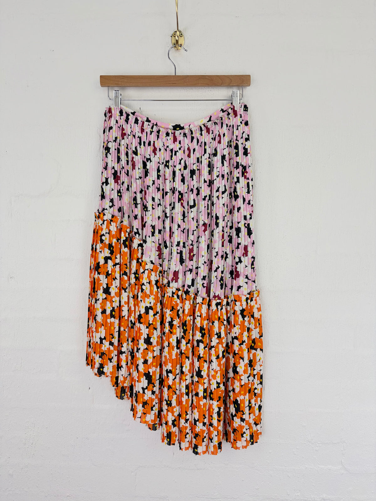 Kenzo Orange Pink & White 'Jackie Flowers' Asymmetrical Pleated Skirt - AU10/12