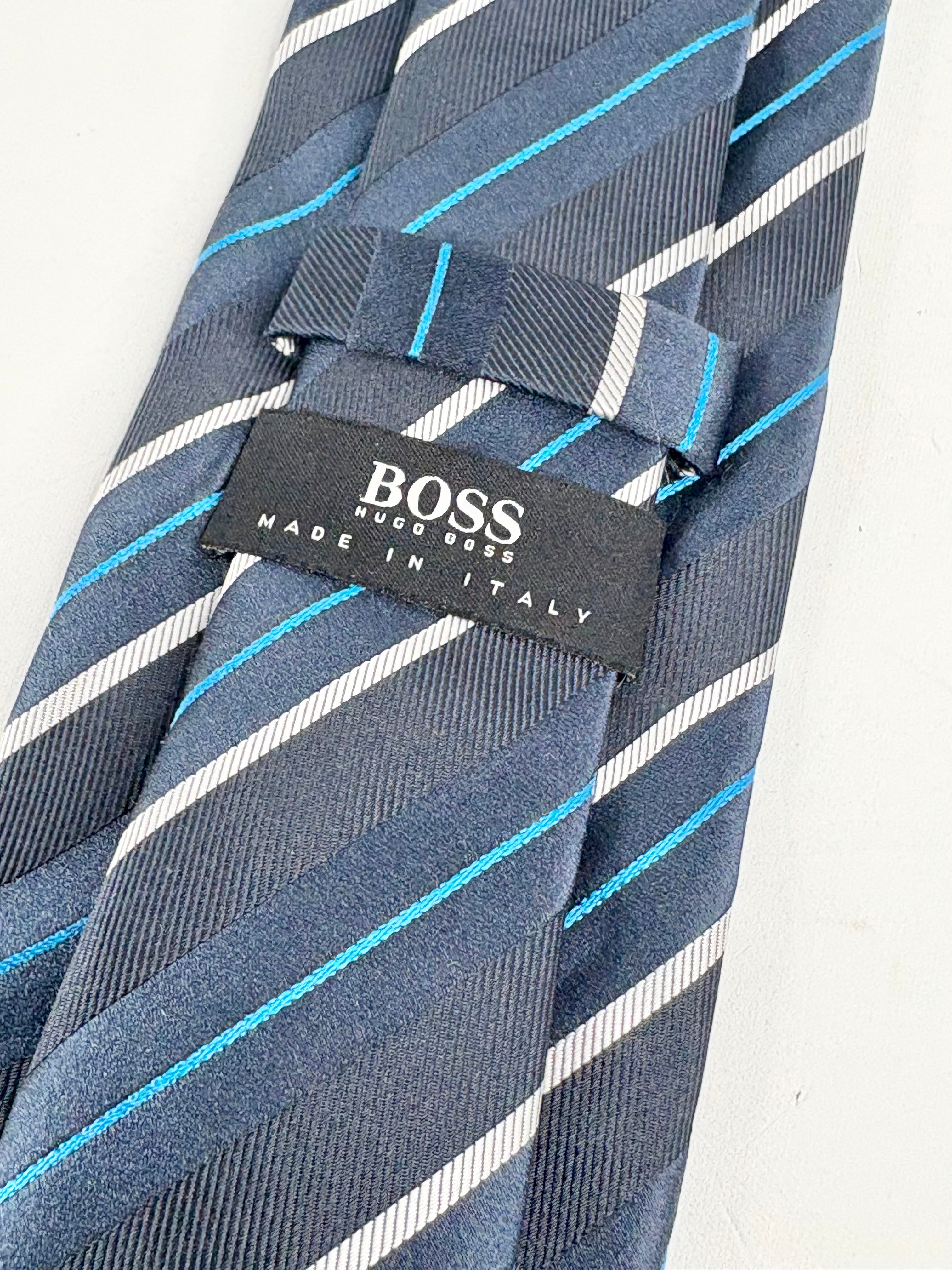 Boss Hugo Boss Navy Blue Diagonal Striped Silk Tie