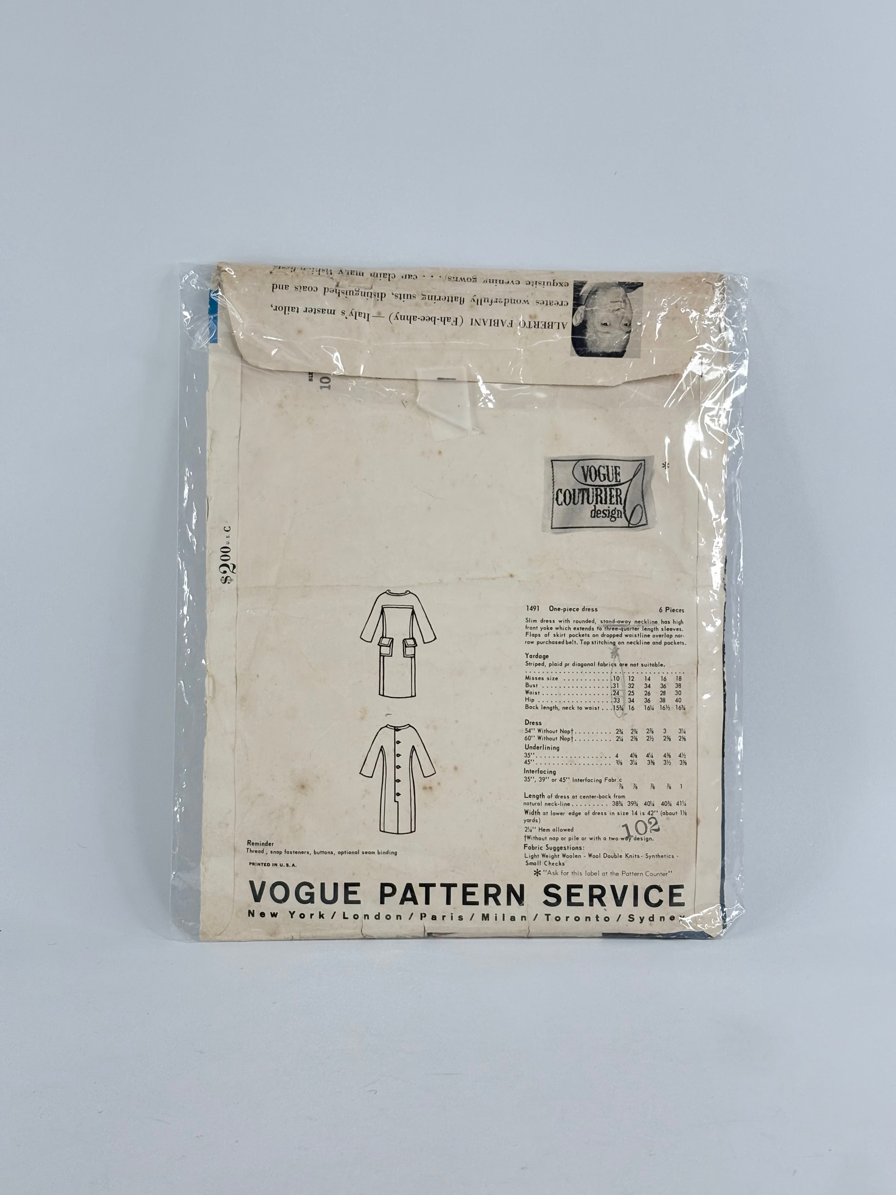 Vogue Couturier Design Fabiani Dress: No. 1491 - Size 10
