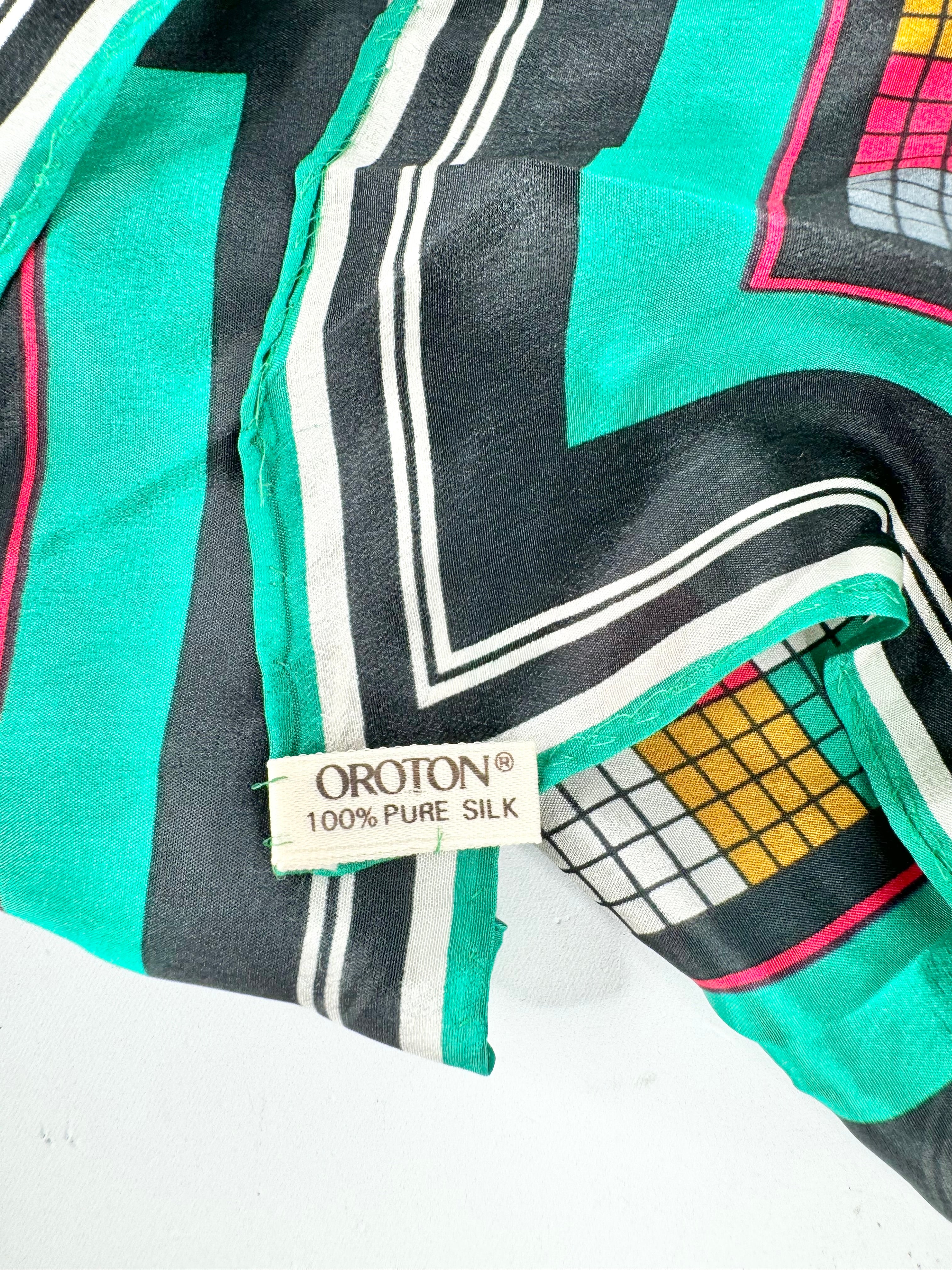 Oroton Emerald Green Grid Pattern Square Silk Scarf