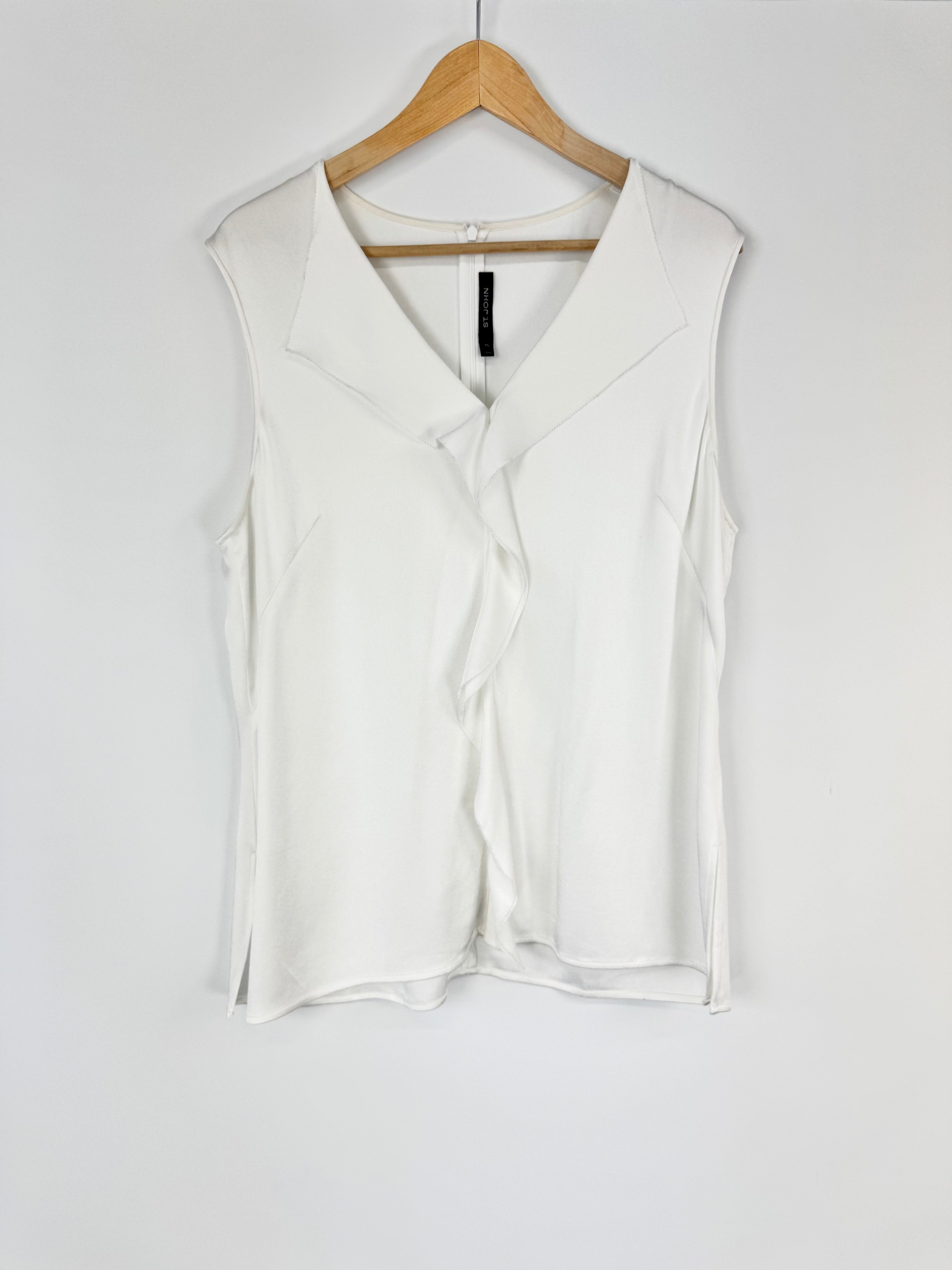 St. John White Ruffle Trim Sleeveless Top - AU16/18