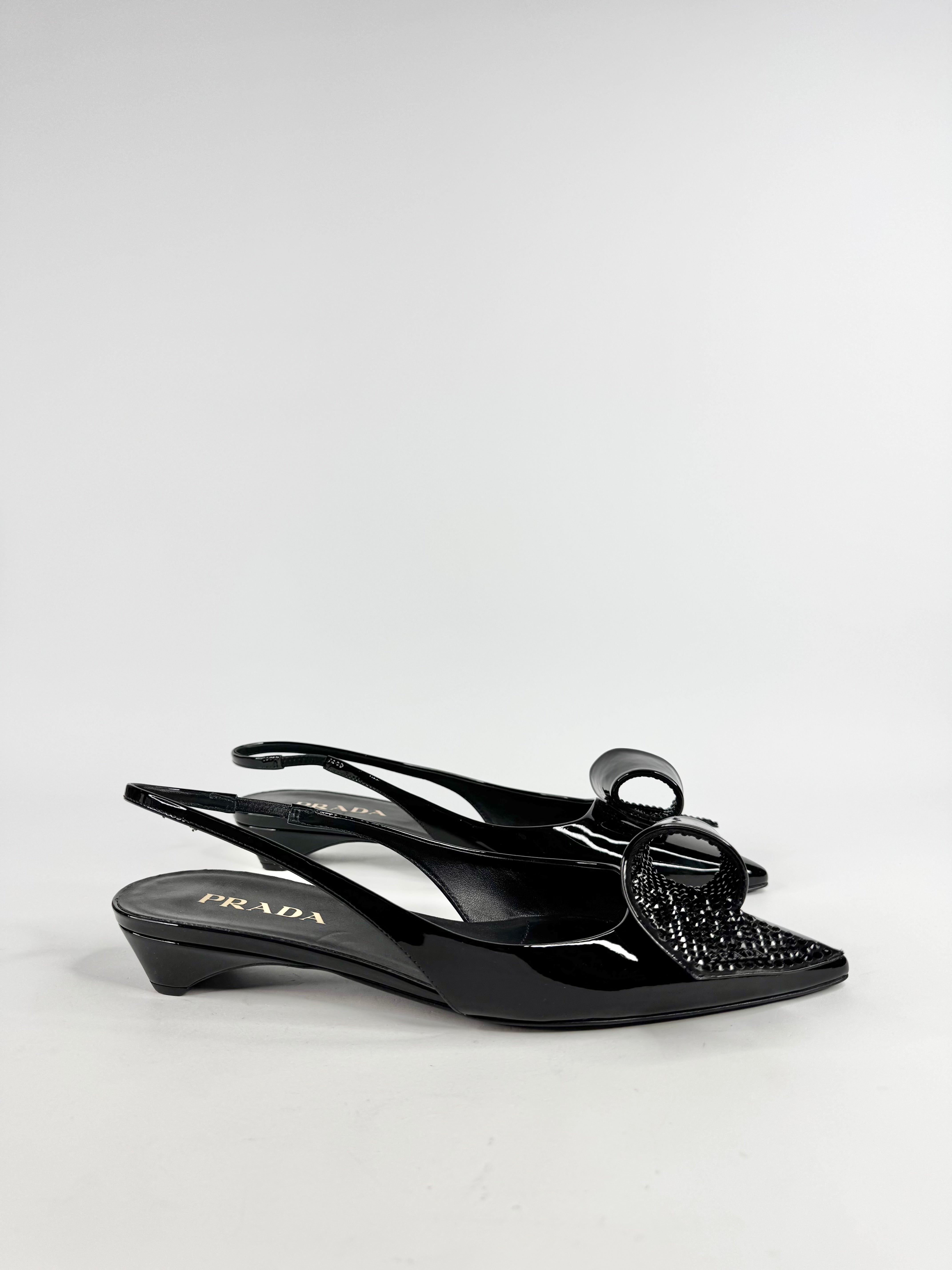 Prada Crystal Embellished Patent Leather Sling Backs - EU40