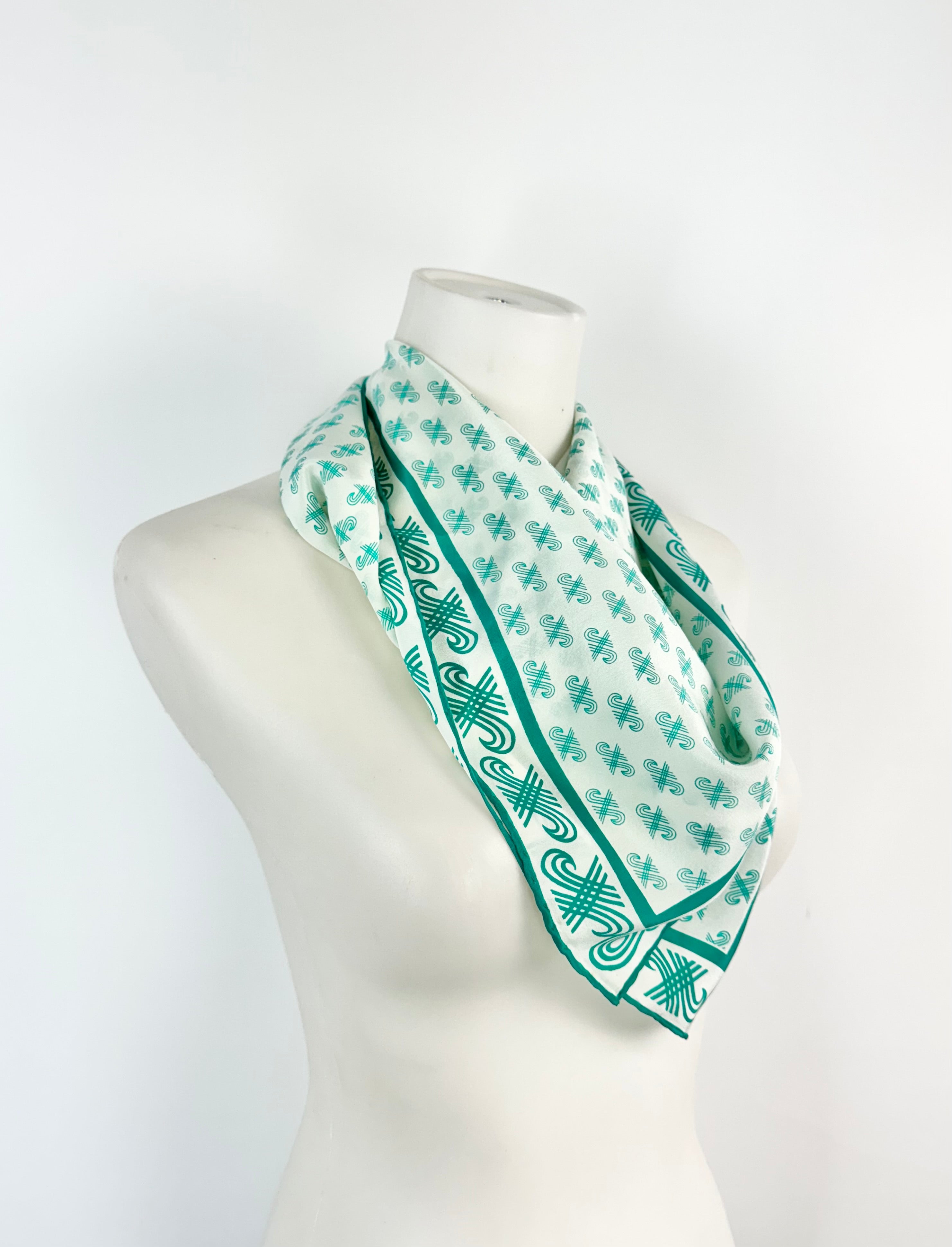 Vintage Jaeger White & Teal Swirled Motif Silk Scarf