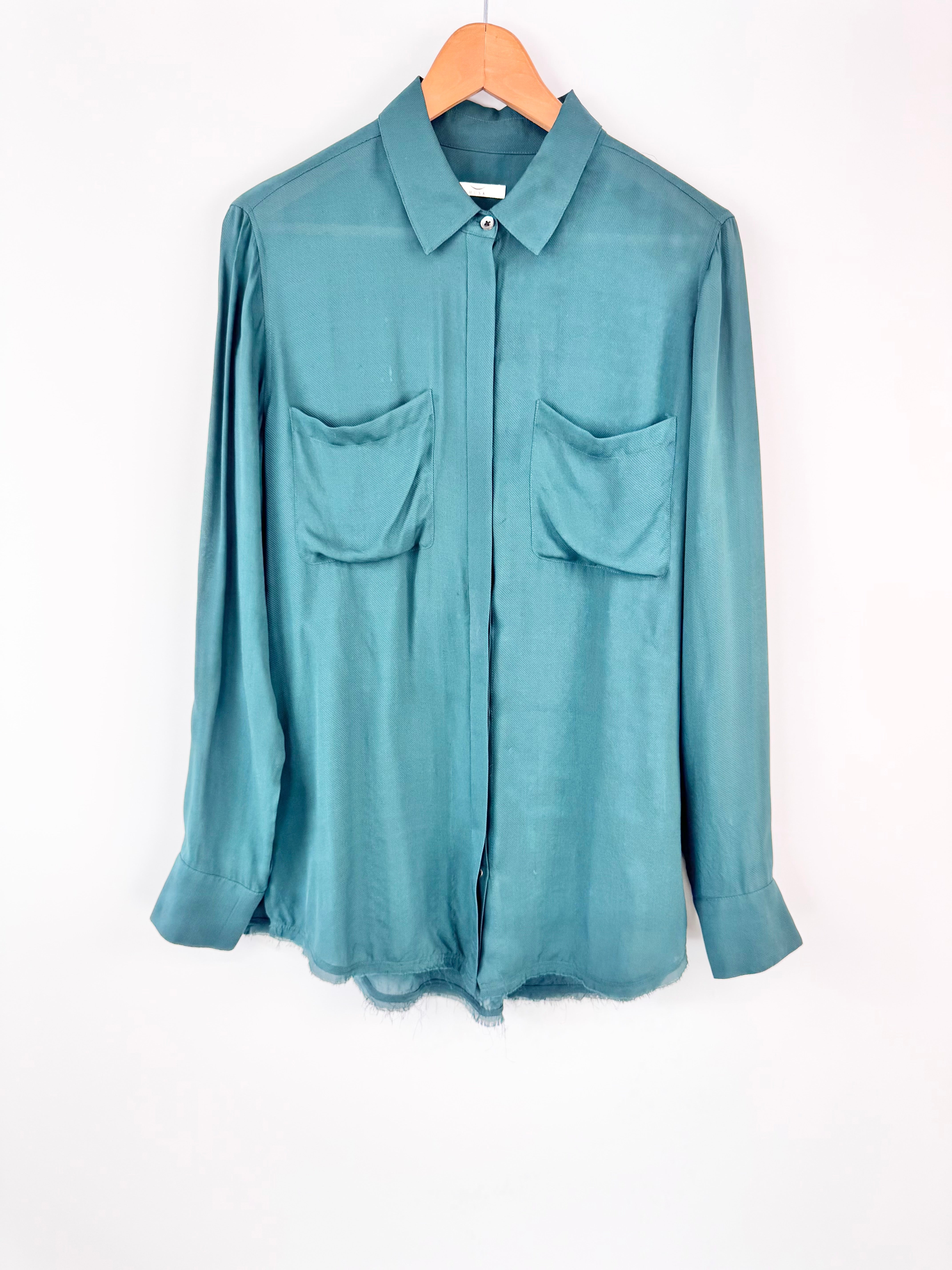 Husk Green Silk Long Sleeve Blouse - AU12