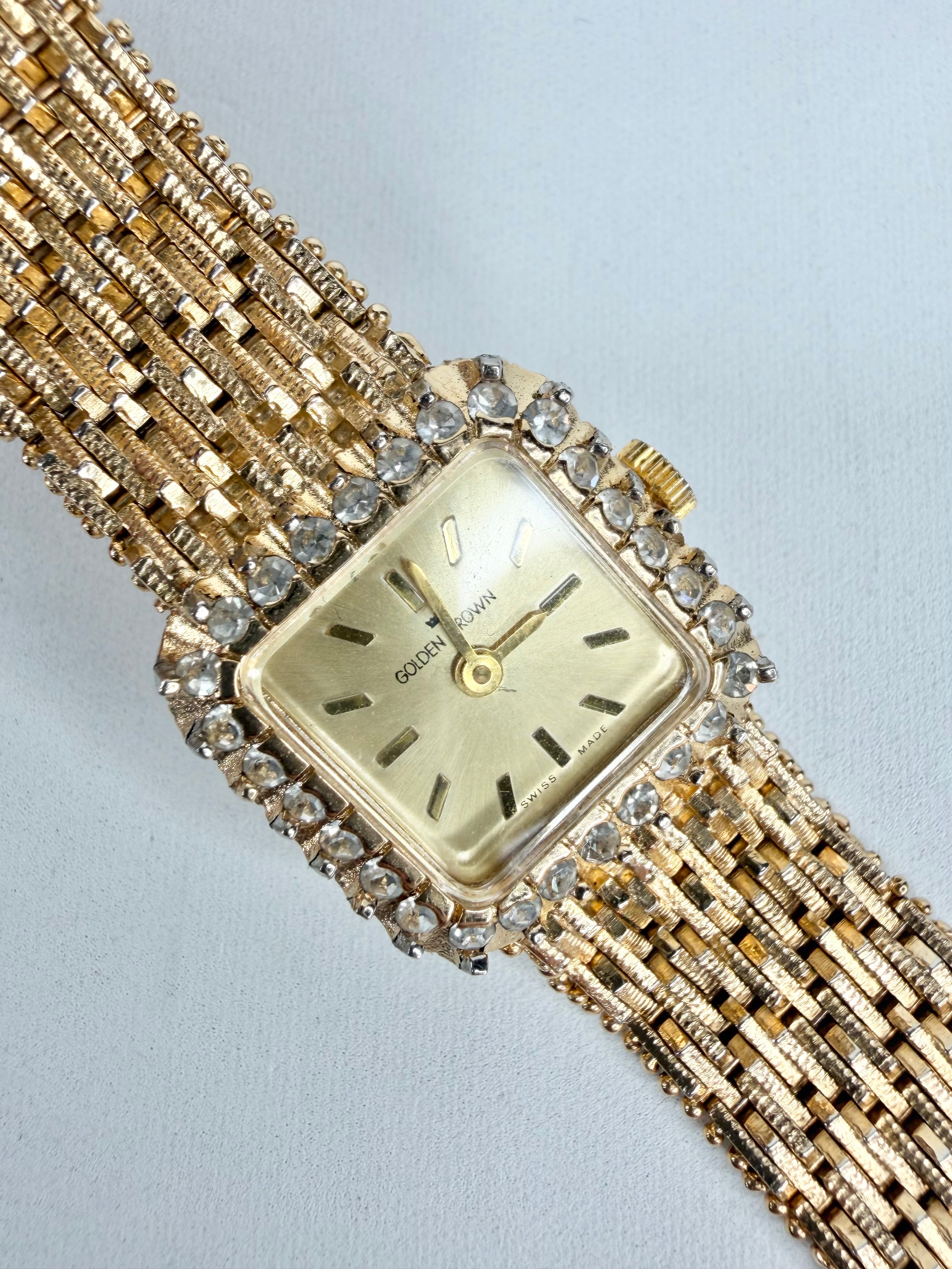 Vintage Gold Crown Gold Toned Crystal Studded Watch