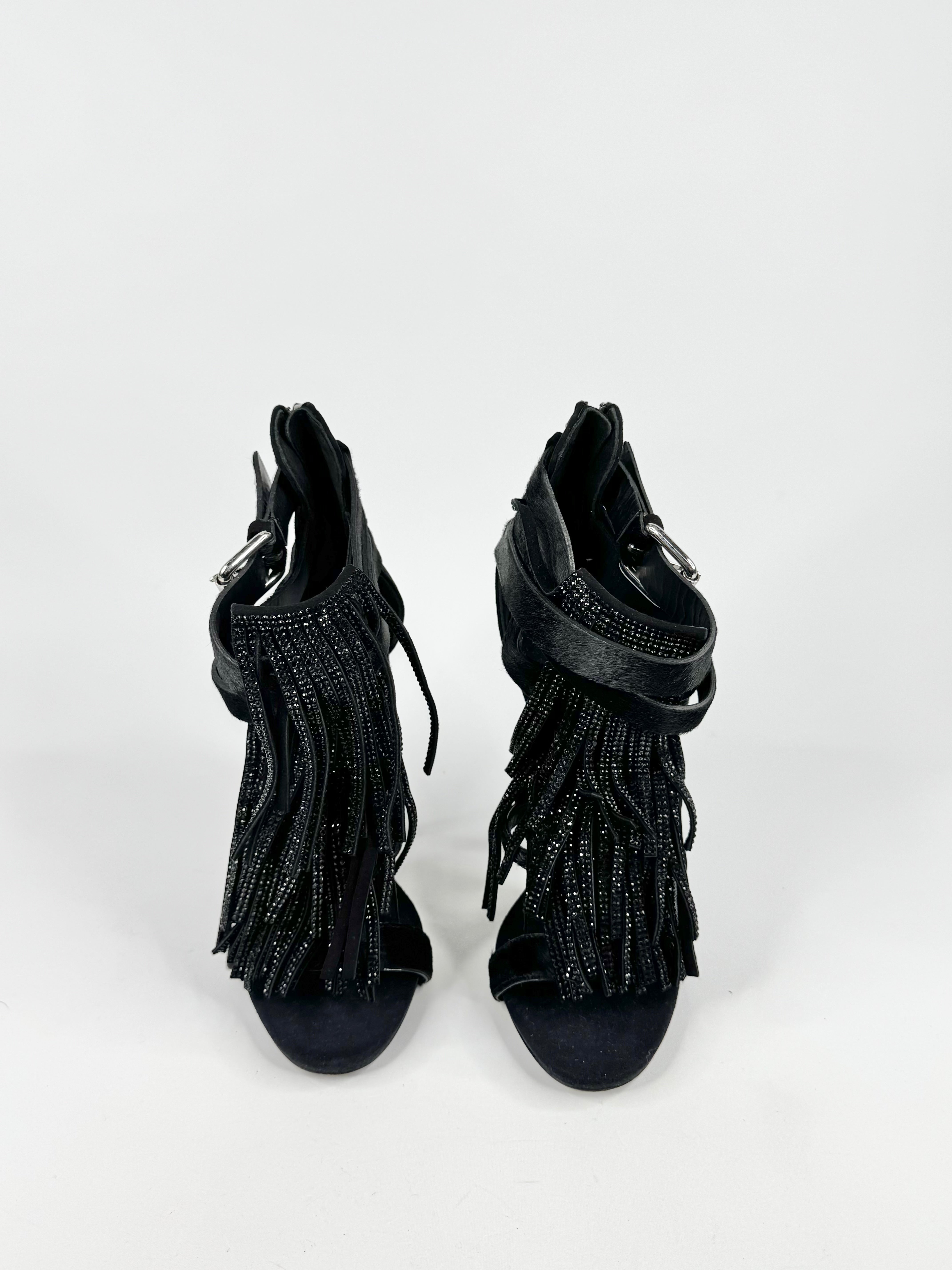 Giuseppe Zanotti Black Swarovski Embellished Fringed Leather Stilettos - EU39