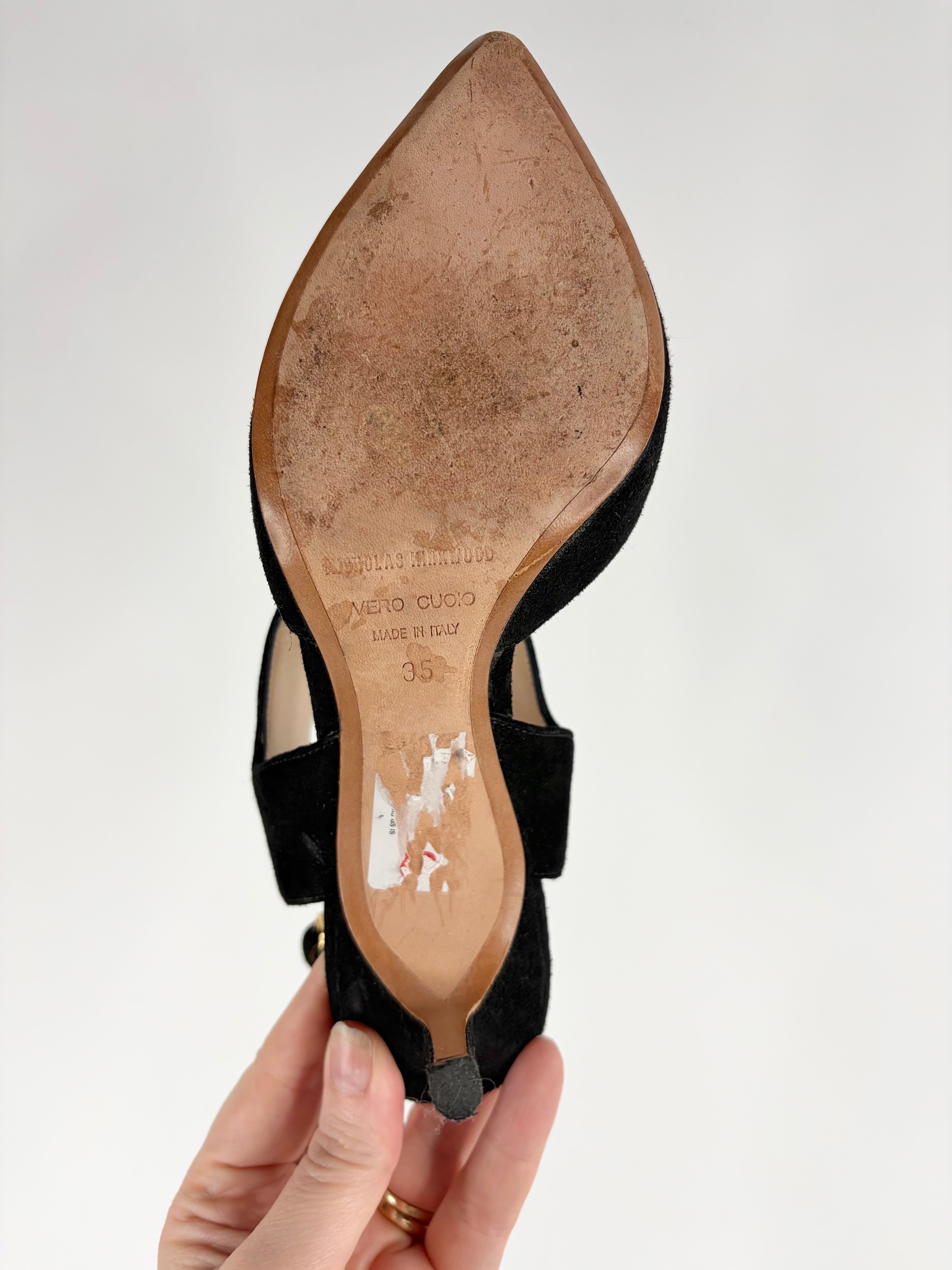 Nicholas Kirkwood Black Suede Pointed Kitten Heels D'Orsay - EU35