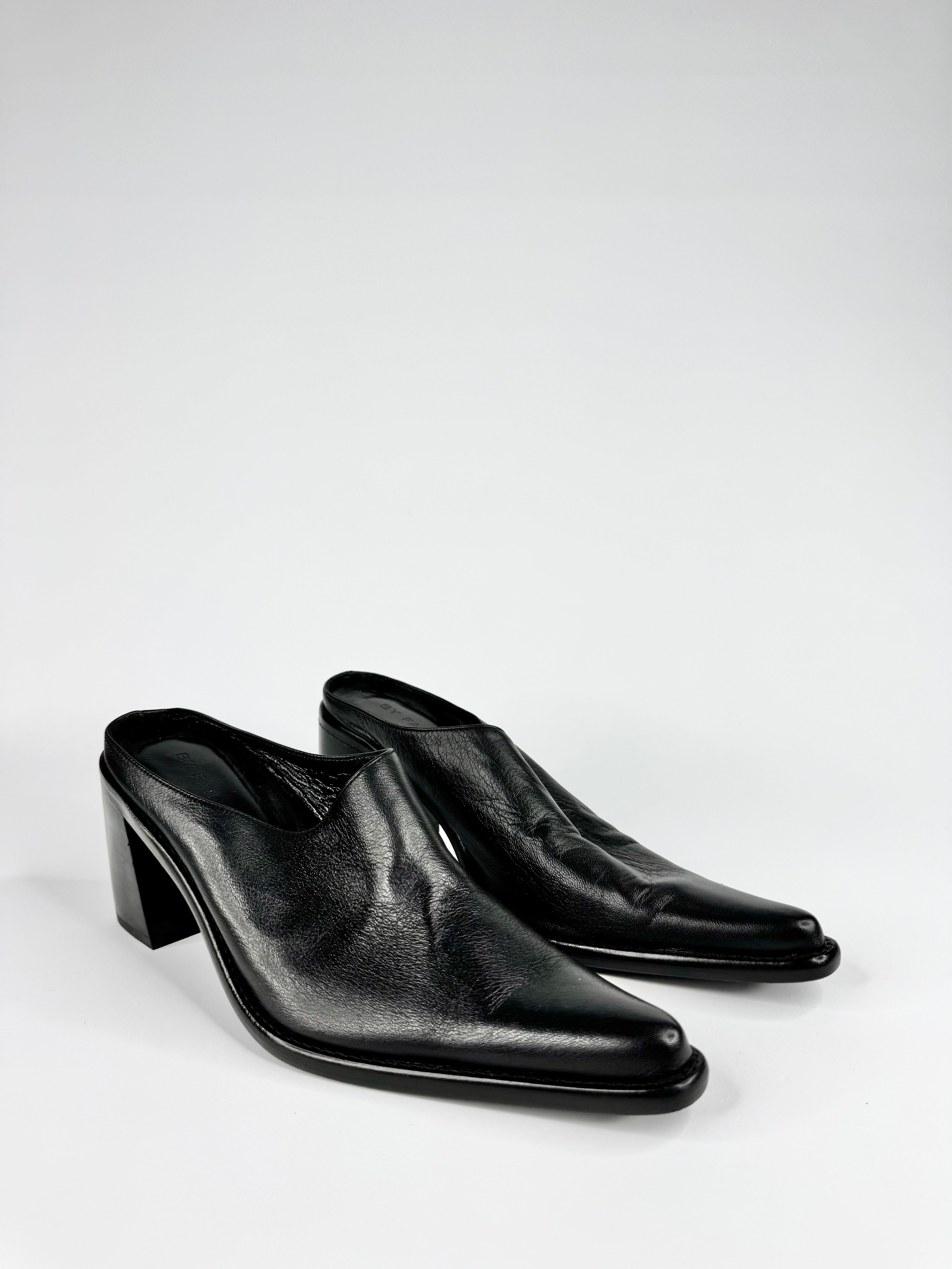 By Far Sleek Black Pointed Toe Leather Mules - EU36