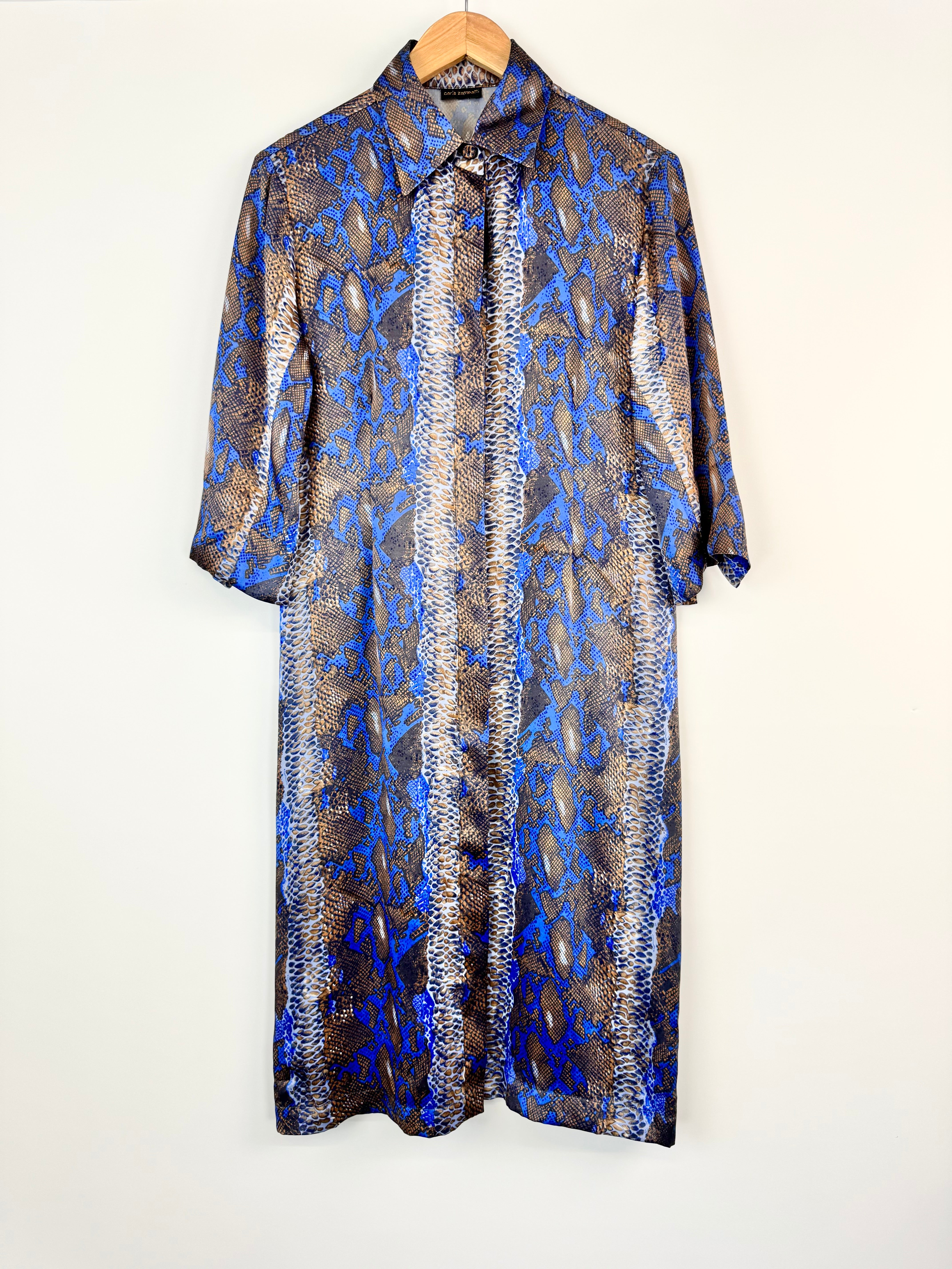 Carla Zampatti Blue and Brown silk snake print button up dress - AU10