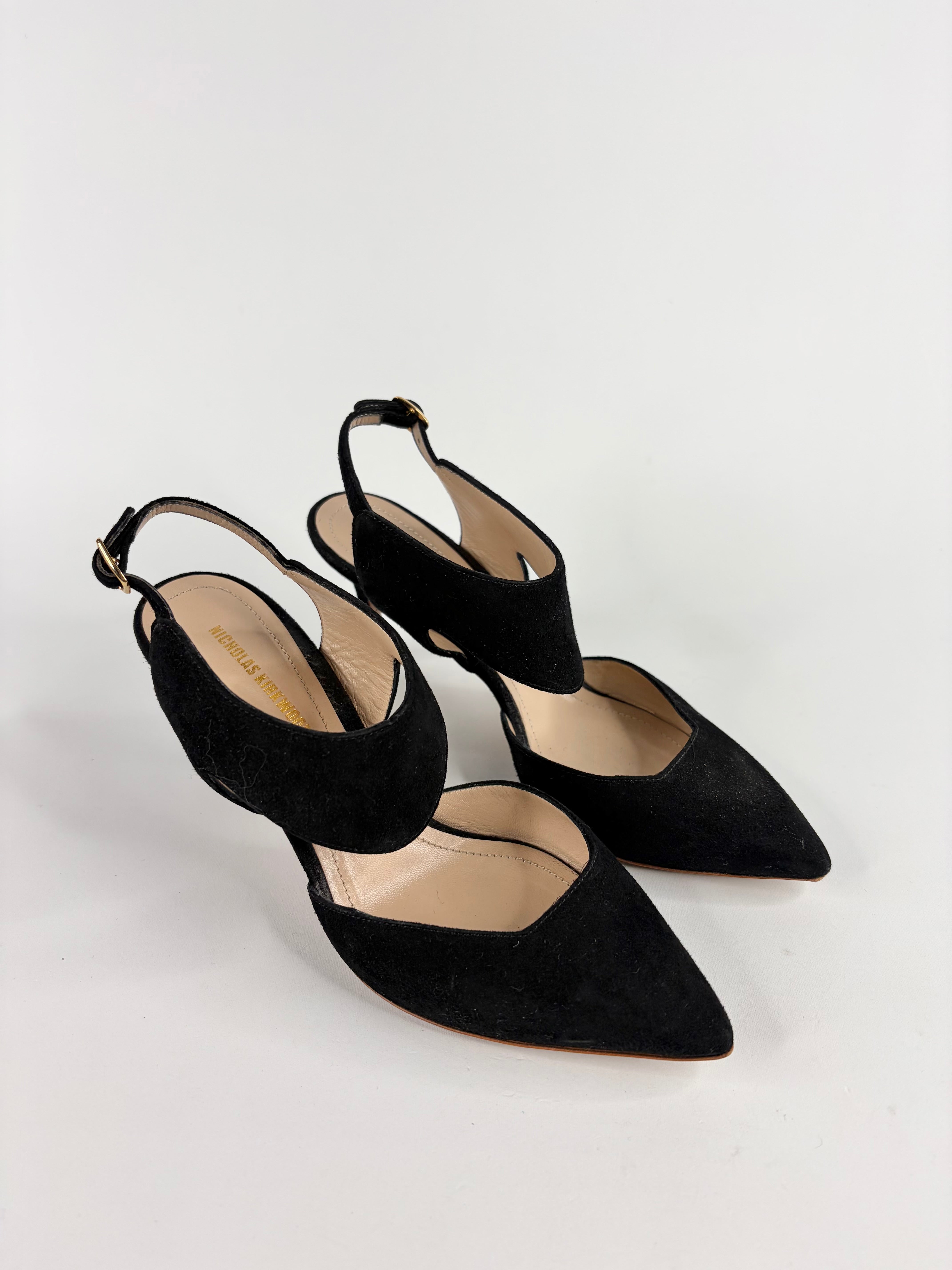 Nicholas Kirkwood Black Suede Pointed Kitten Heels D'Orsay - EU35