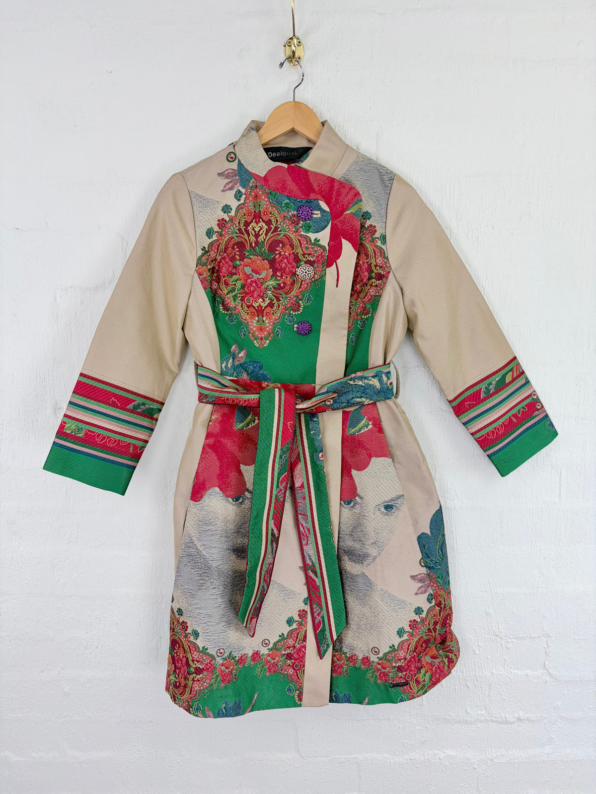 Desigual Ivory, Green and Red Patterned 'Natalia' Belted Coat - AU12/14