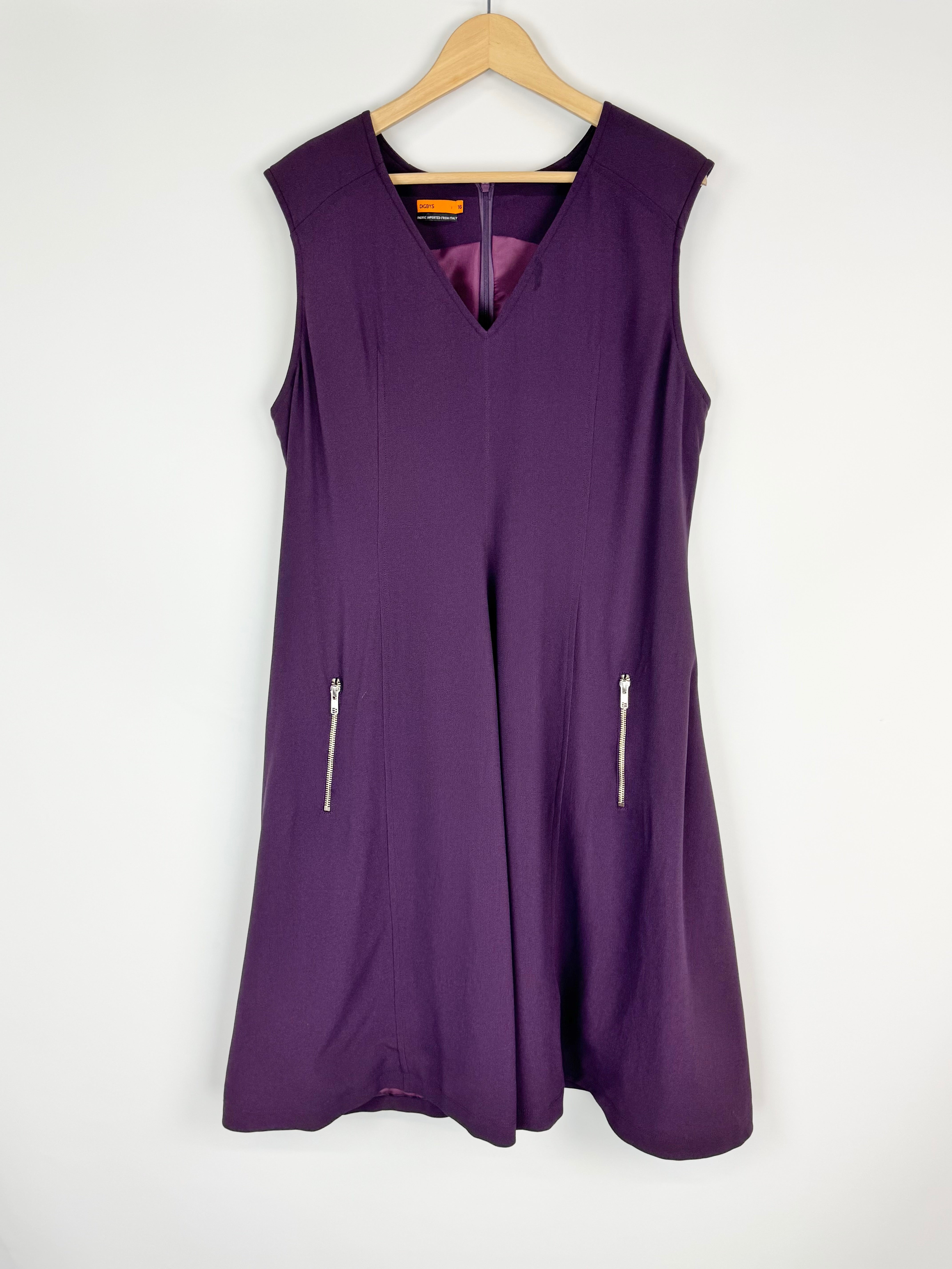 Purple sleeveless dress with zippers on a white background
