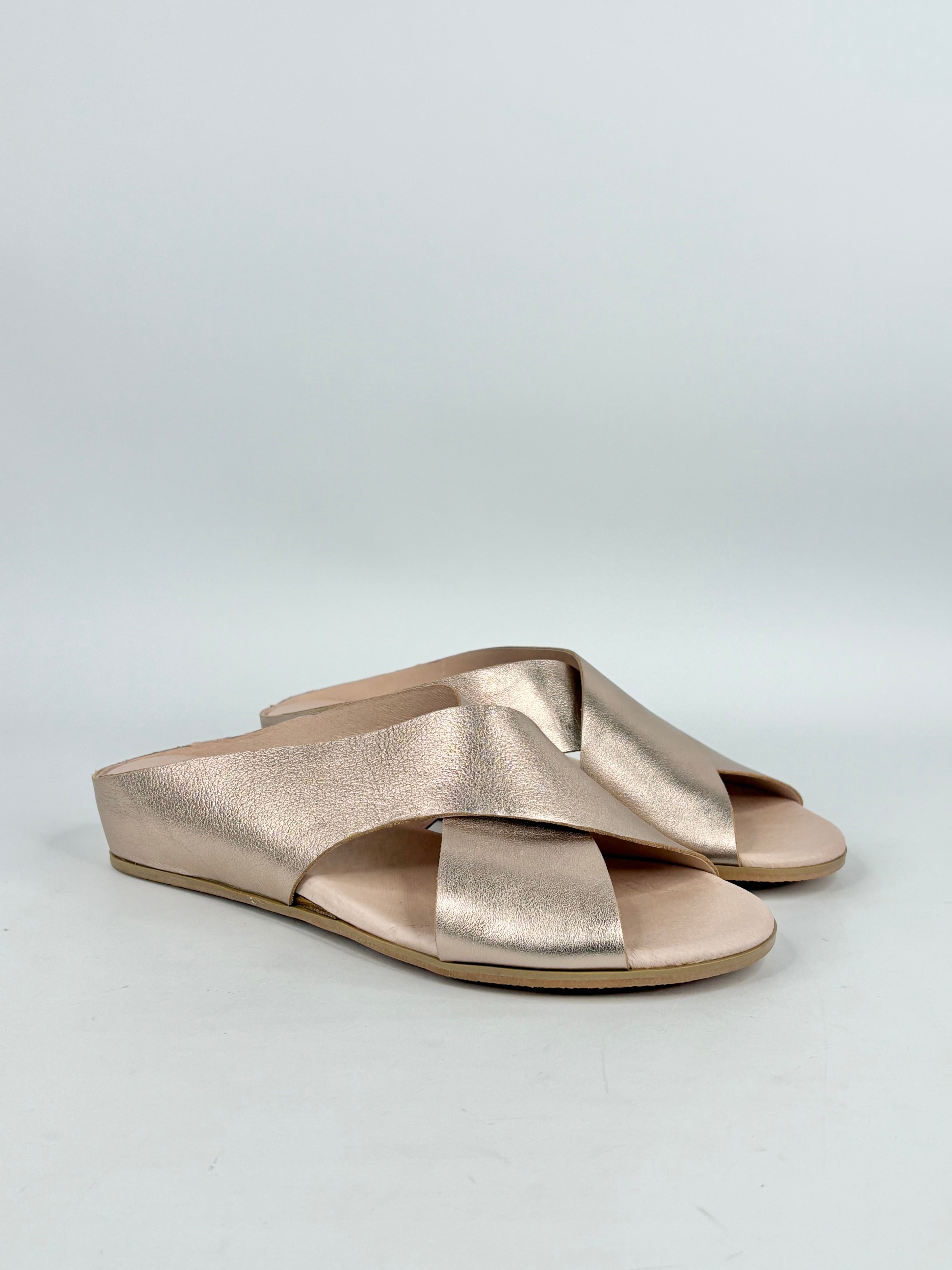 Pair of metallic sandals on a light grey background