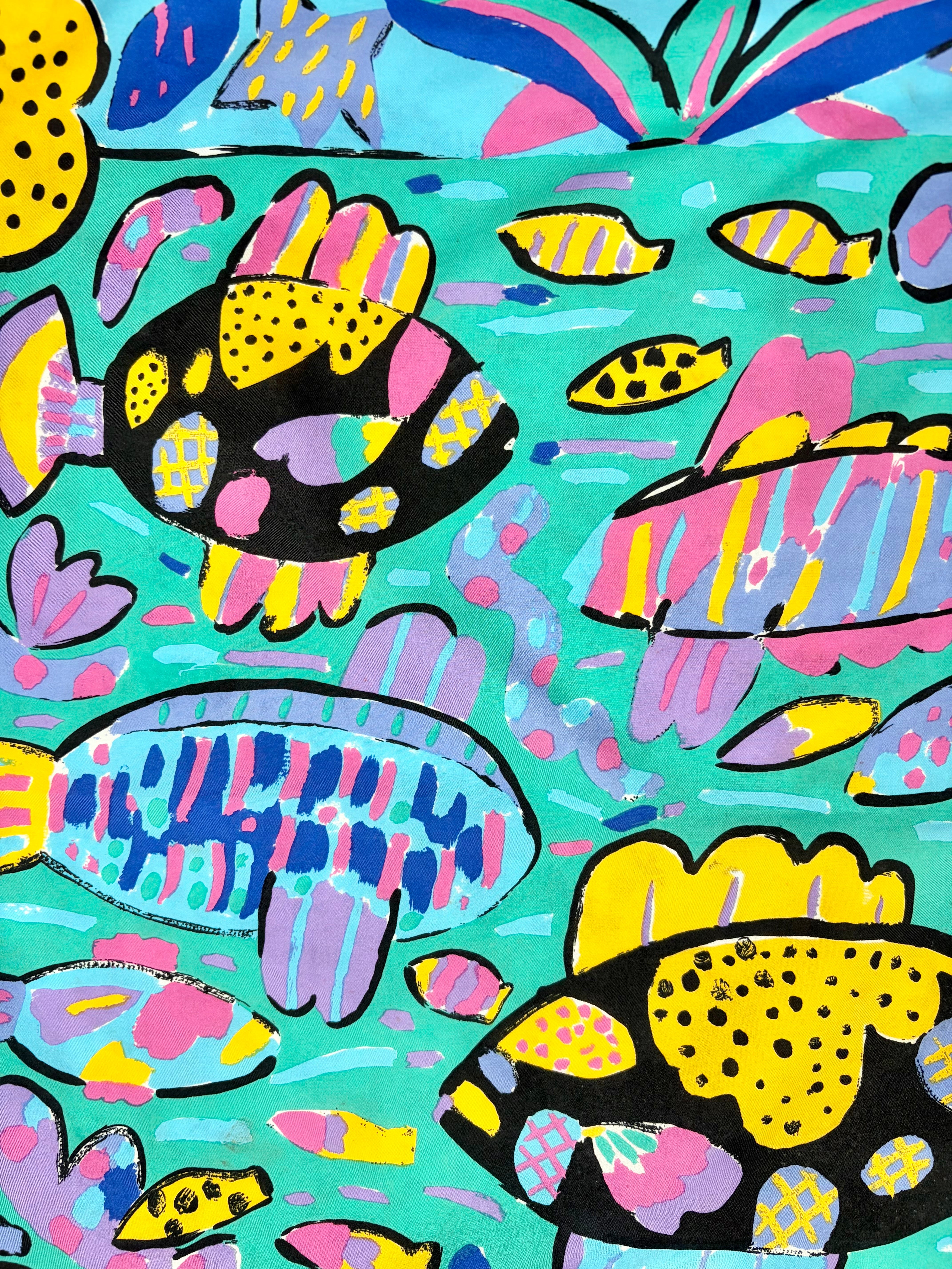 Vintage Ken Done Tropical Barrier Reef Fish Pattern Scarf