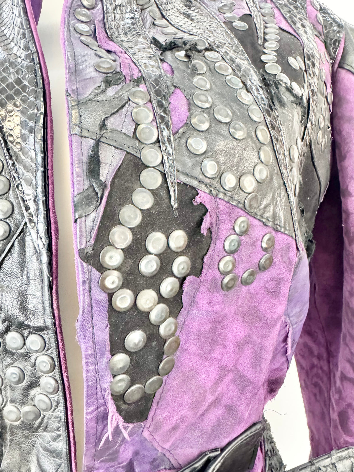Vintage 80s Rockets & Reptiles Purple & Black Embellished Leather Jacket - AU8/10