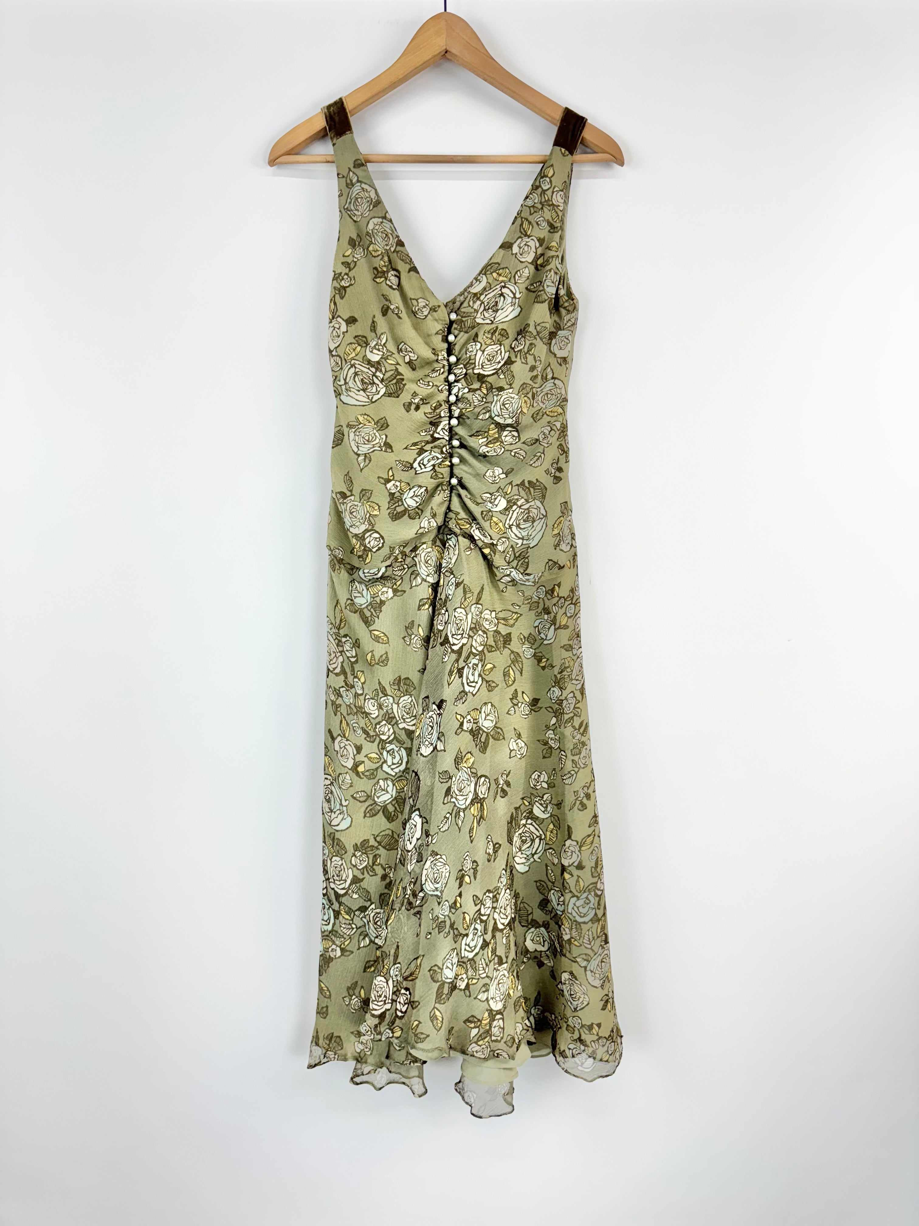 Moss & Spy Sage Green Floral 90s Style Midi Dress - AU10