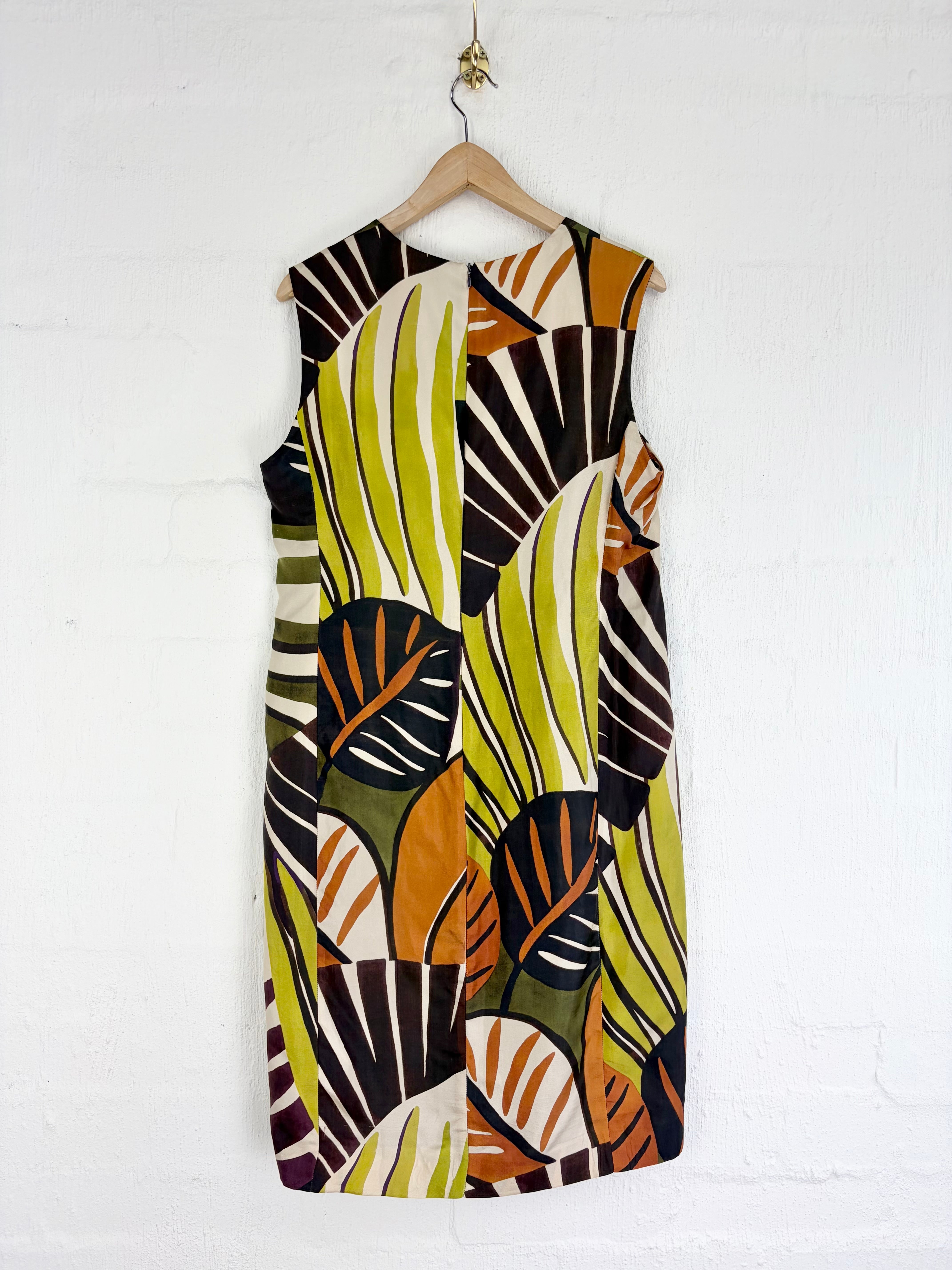 Pauw Green, Orange & Cream Abstract Palm Patterned Silk Sheath Dress - AU10/12