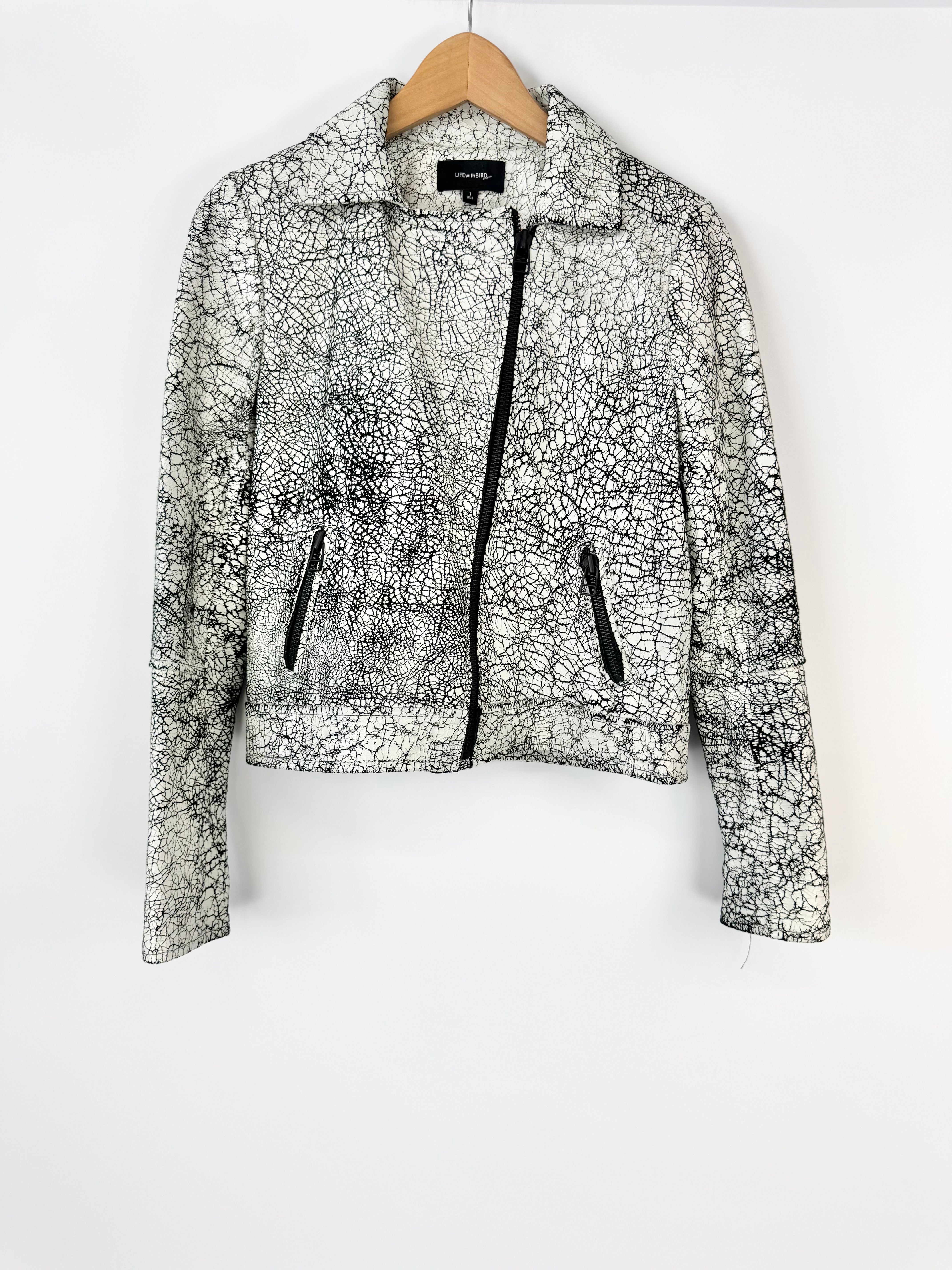 Life with Bird Black & White Crackle Leather Biker Jacket - AU8