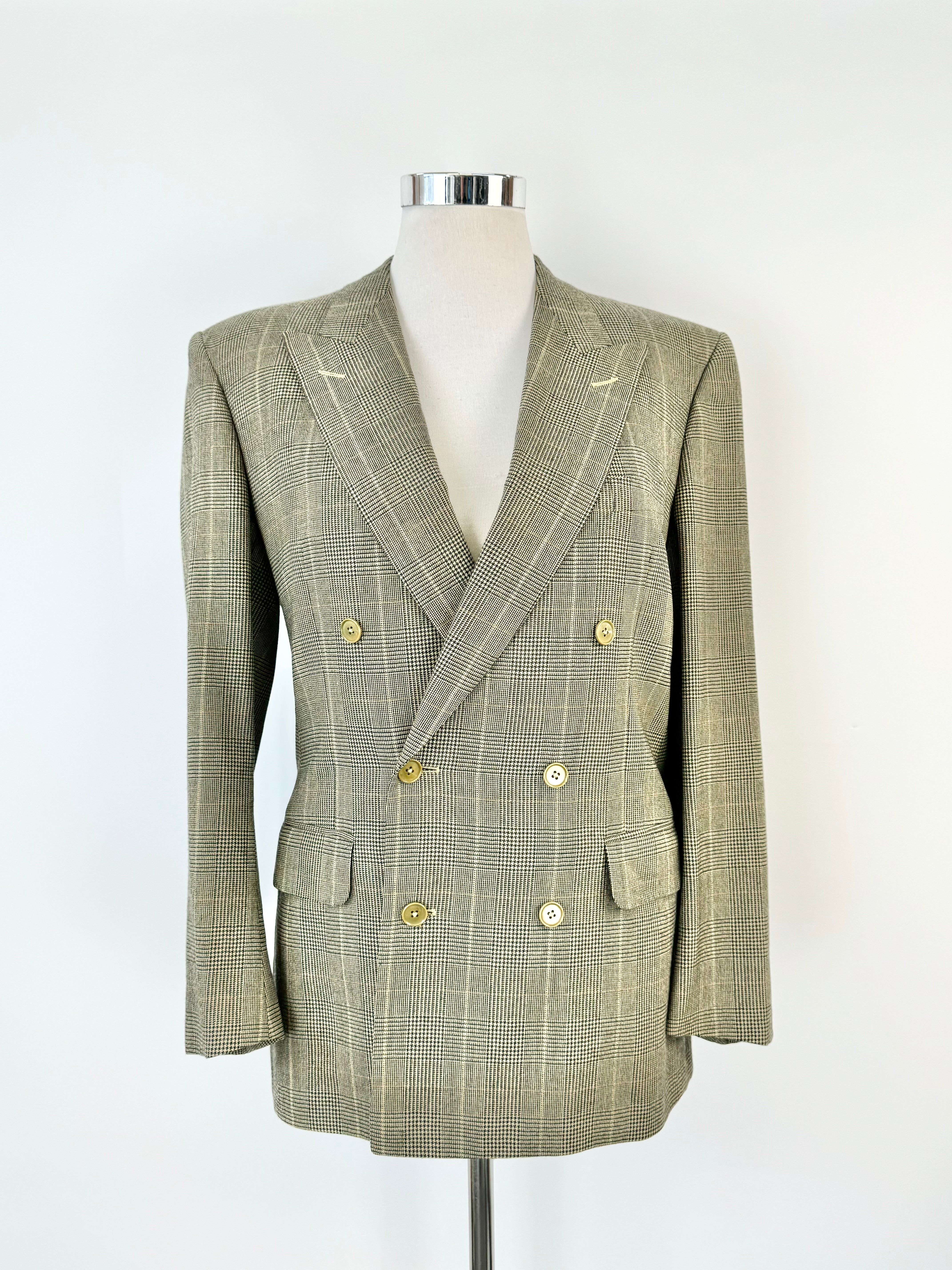 Ermengildo Zegna Gold Olive Double Breasted Glen Plaid Wool Blazer - 50