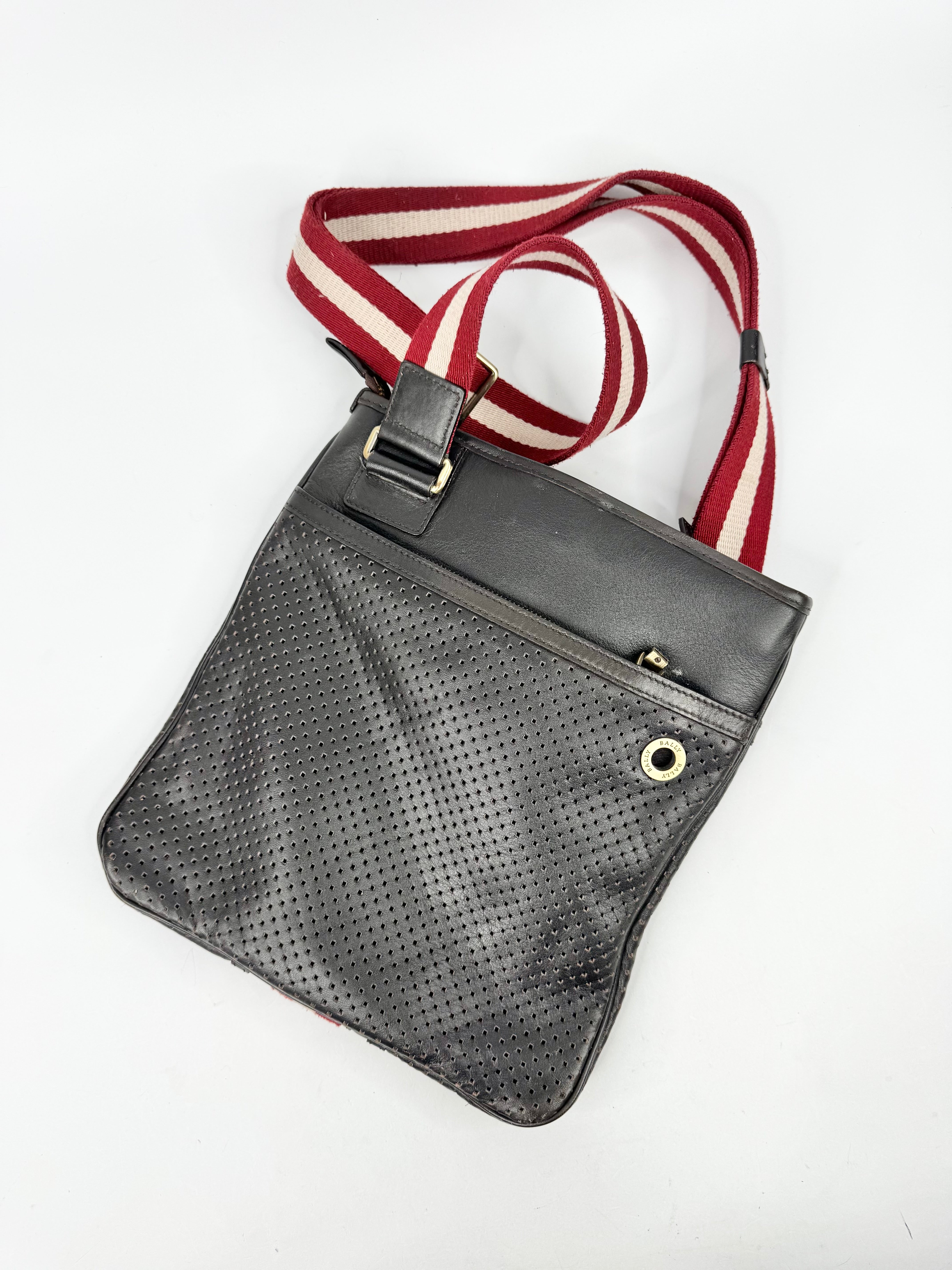 Bally Black Pinhole Patterned Leather Messenger Bag
