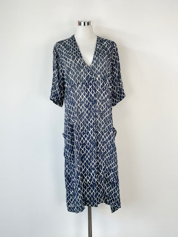 Lee Mathews Navy Blue Patterned Sheer-Silk Midi Dress - AU10