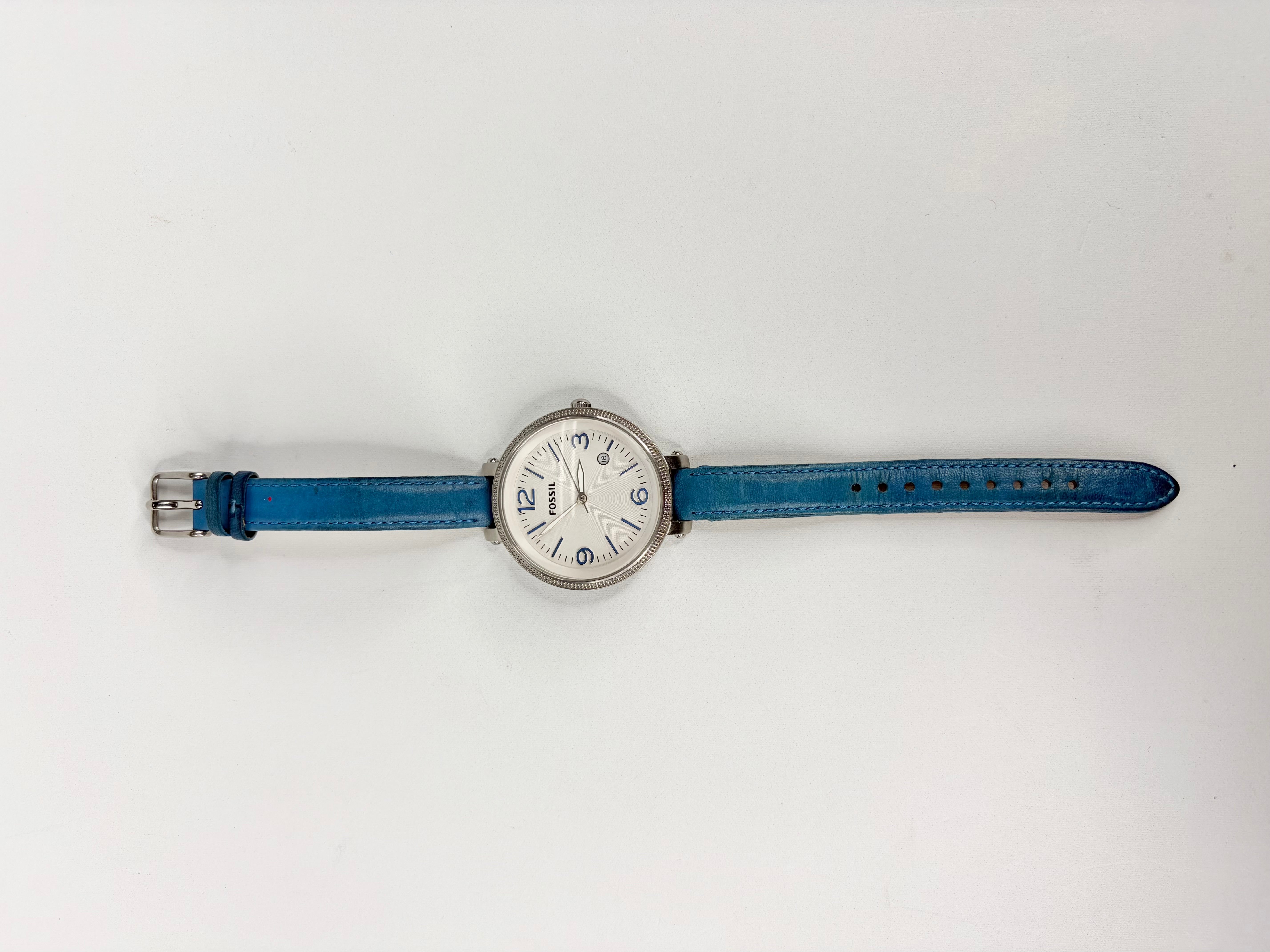 Fossil ES3279 Blue Leather Strap Silver Tone Watch