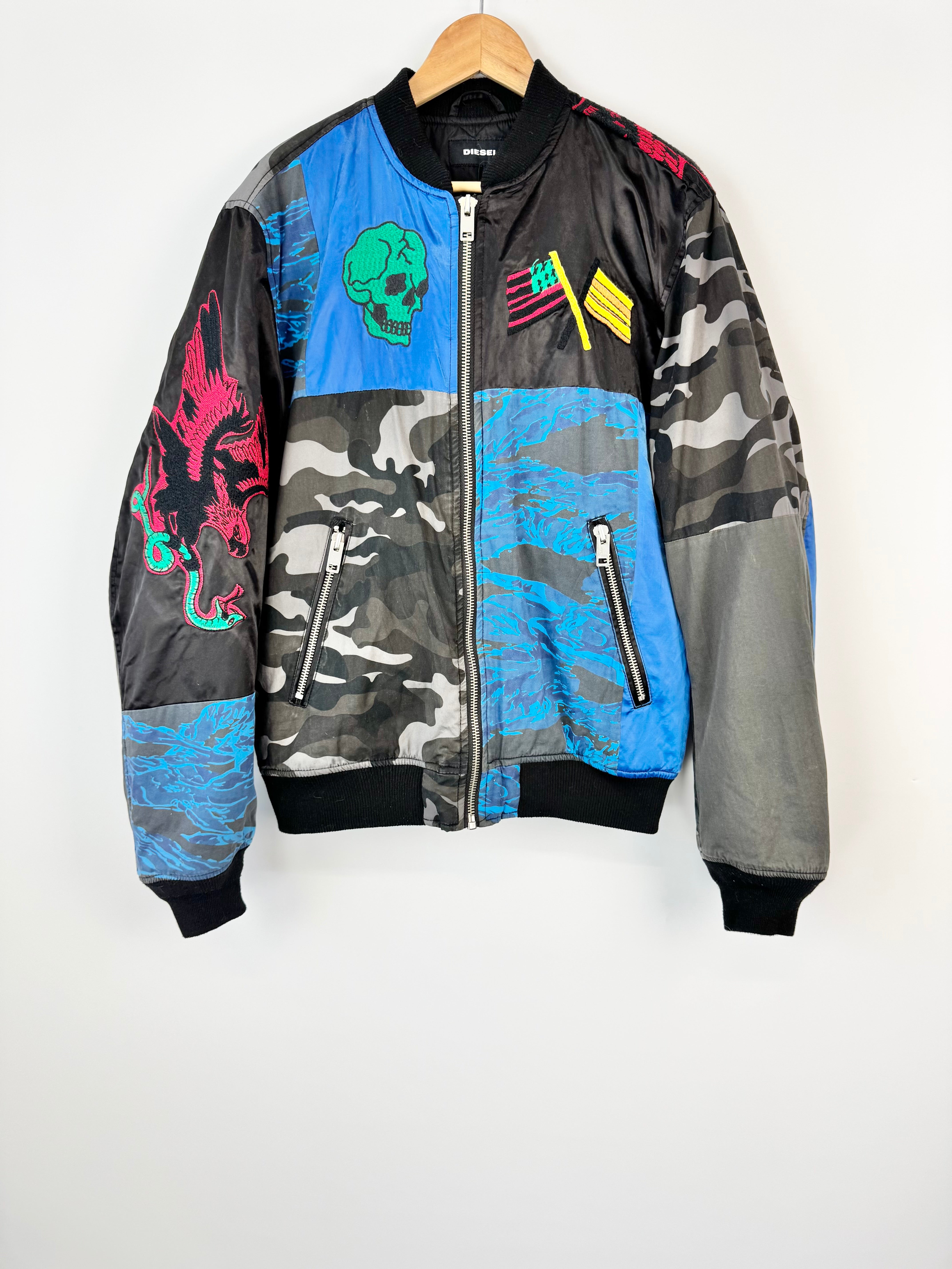 Diesel 'J-Kit' Patch Embroidered Blue & Black Bomber Jacket - L