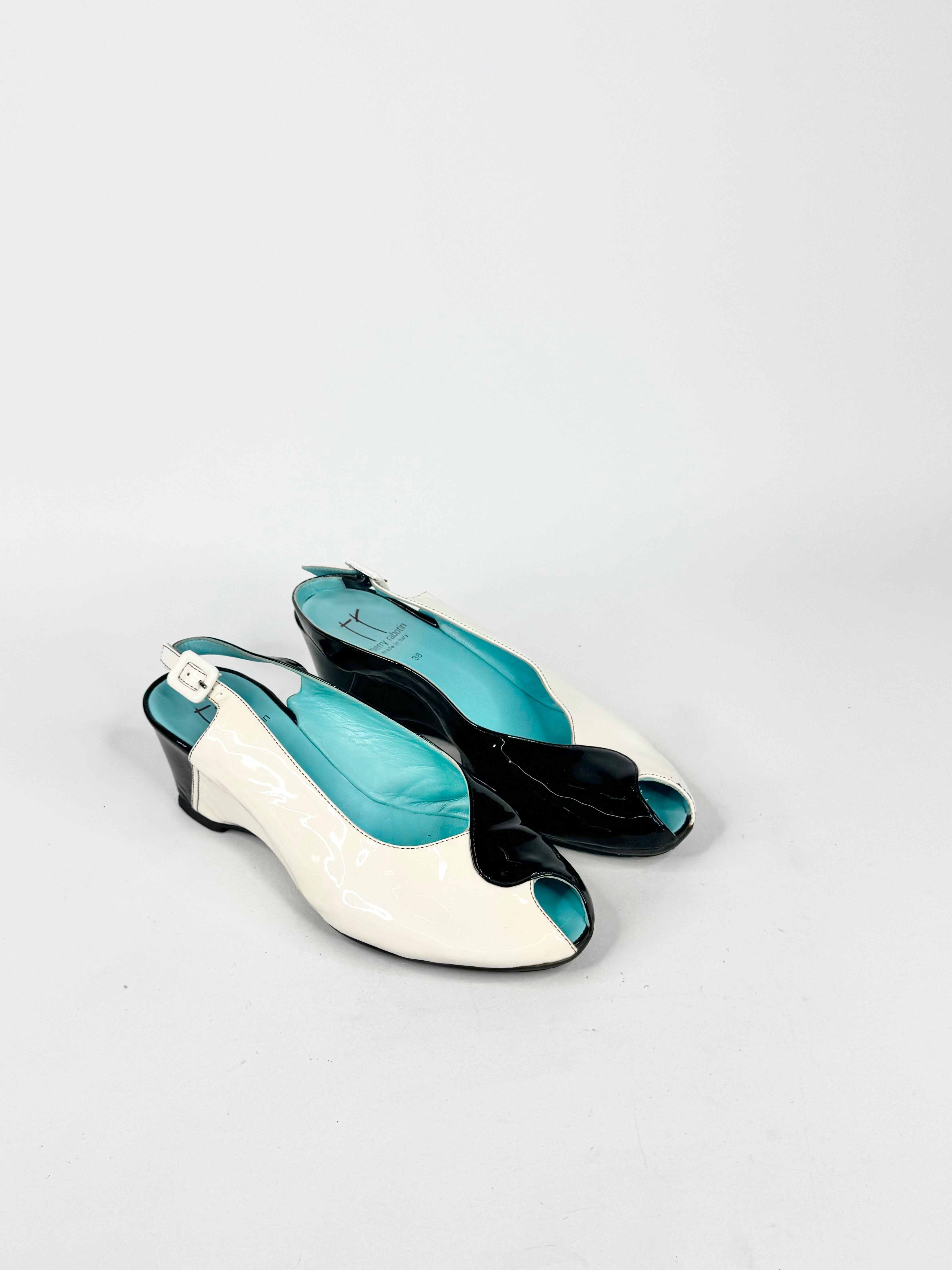 Thierry Black & White Patent Leather Peep Toe Wedges - EU38