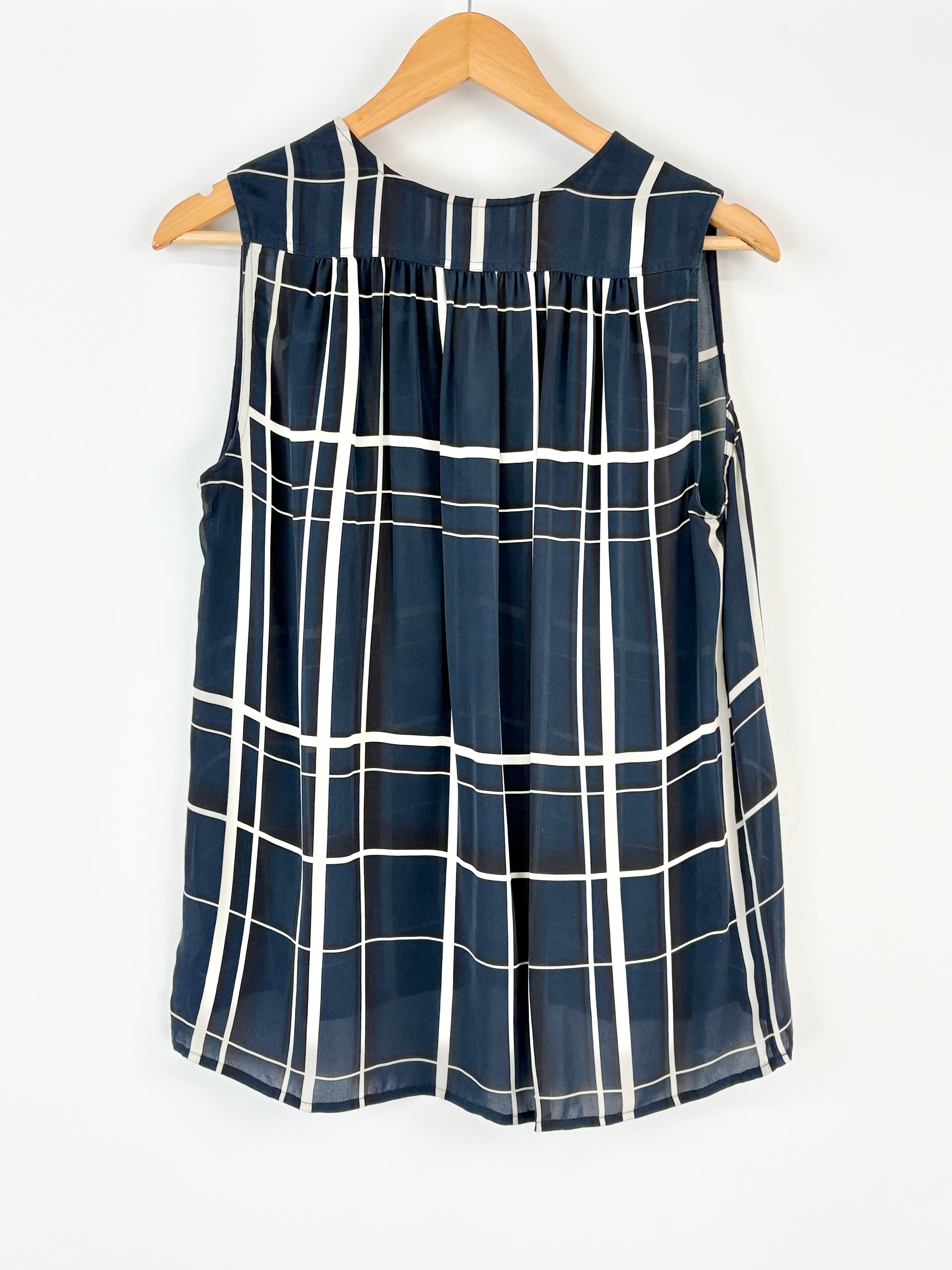 Vince Navy & White Silk Geometric Patterned Top - AU14/16